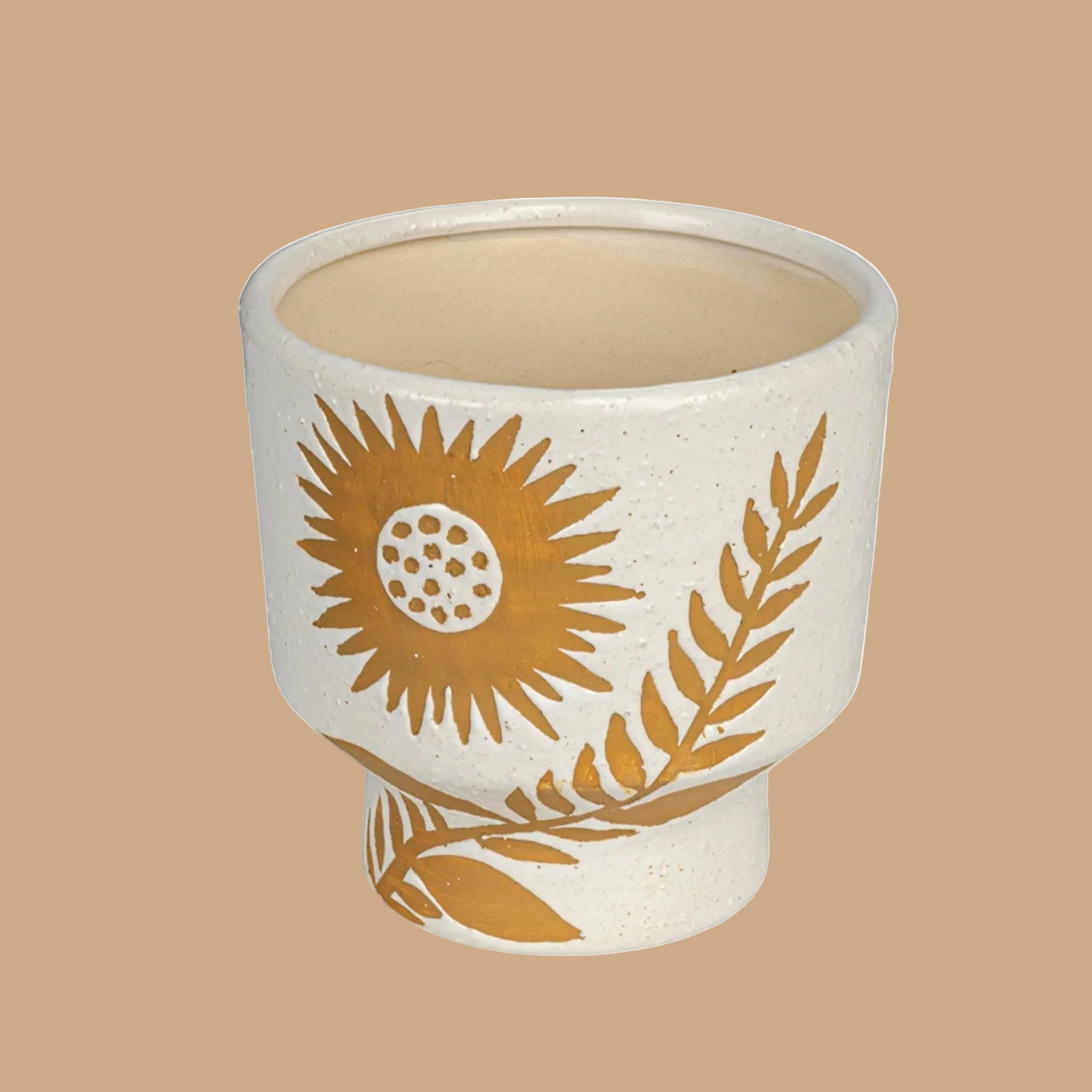 An ivory ceramic planter with an unglazed sun and leaf design. 