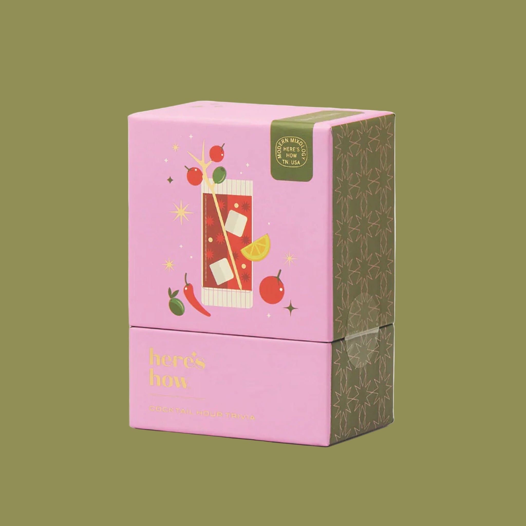 A box of cocktail hour trivia cards. 