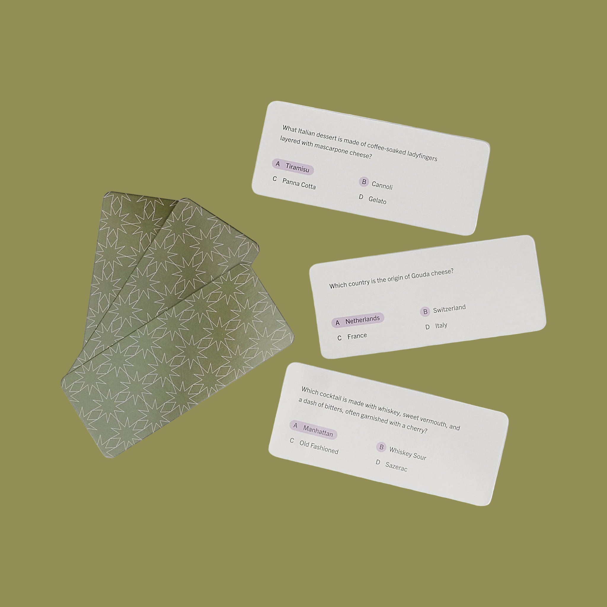 A box of cocktail hour trivia cards. 