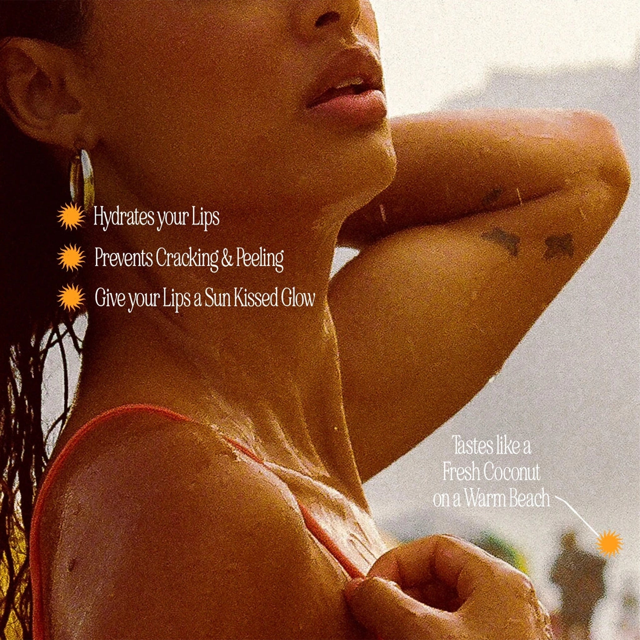 Woman with sun-kissed skin and tattoos, with text about lip care products.