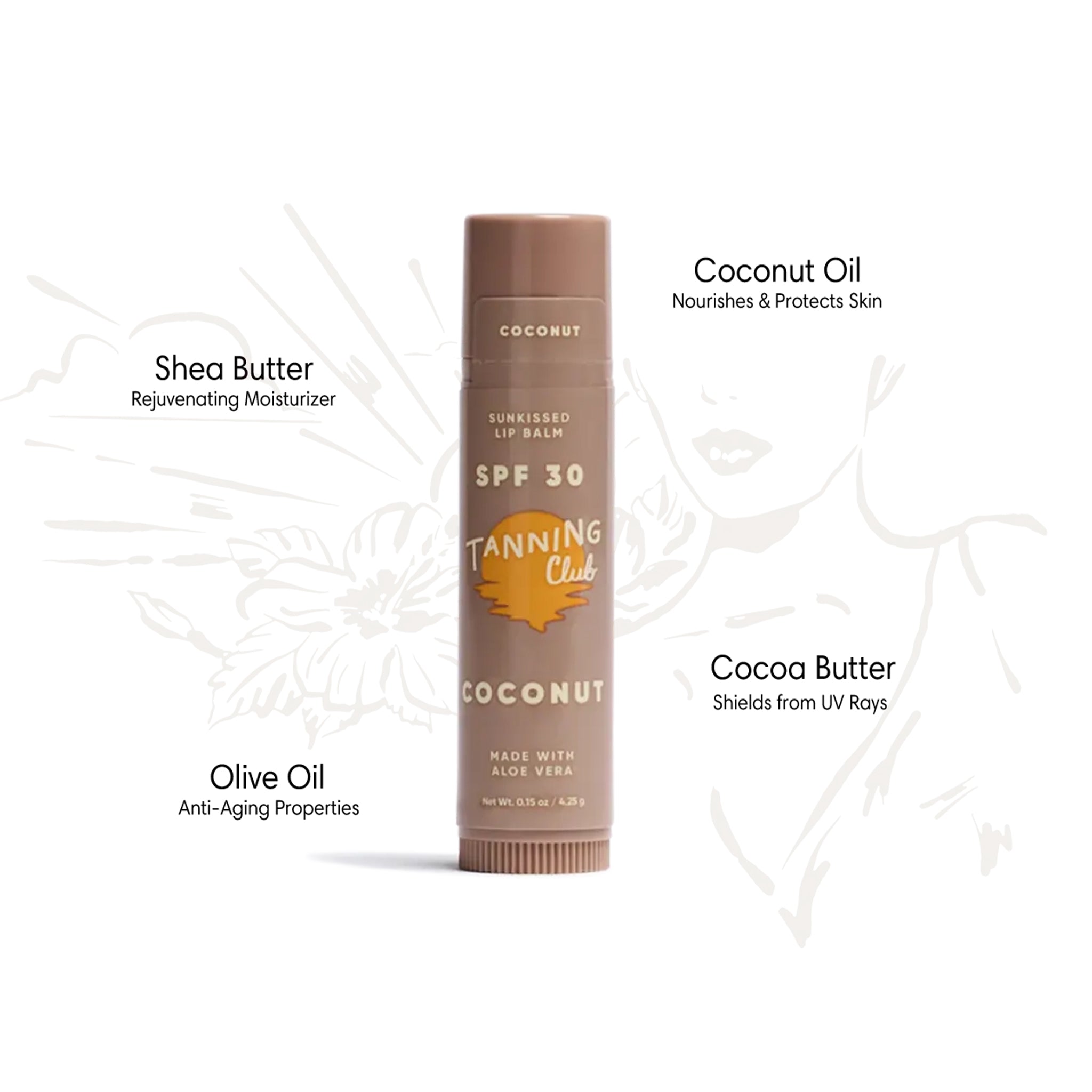 Tanning Club lip balm with coconut oil on a white background