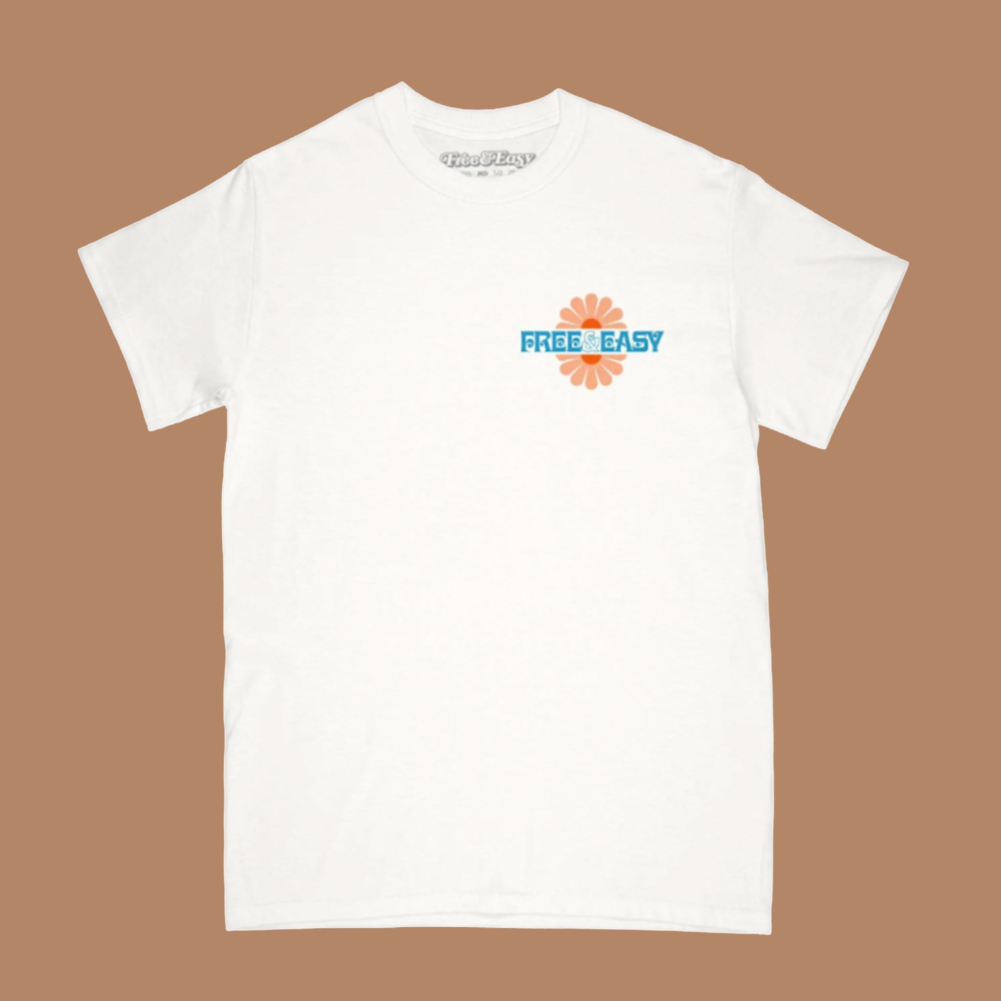 White short-sleeve T-shirt with phrasing "free and easy" on pocket and daisy flower details.
