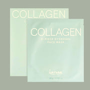 On a light peach background is a green package that holds a hydrogel facial mask with gold text on the front that reads, "Collagen 2 Piece Hydrogel Face Mask". 
