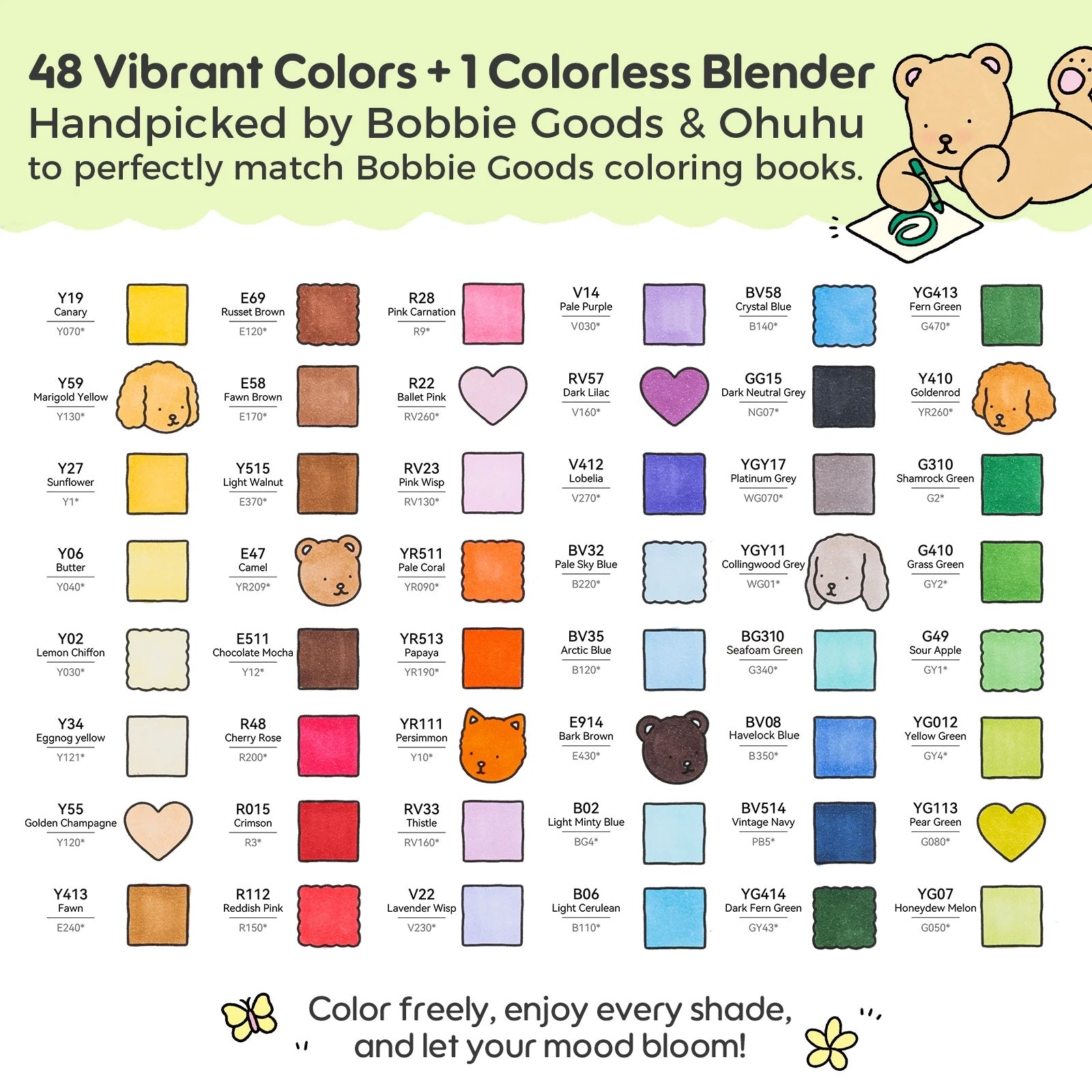 Color chart graphic for a Bobbie Goods x Ohuhu marker set, showing many labeled swatches in yellows, browns, pinks, purples, blues, greens, and grays with cute character icons and headline text.