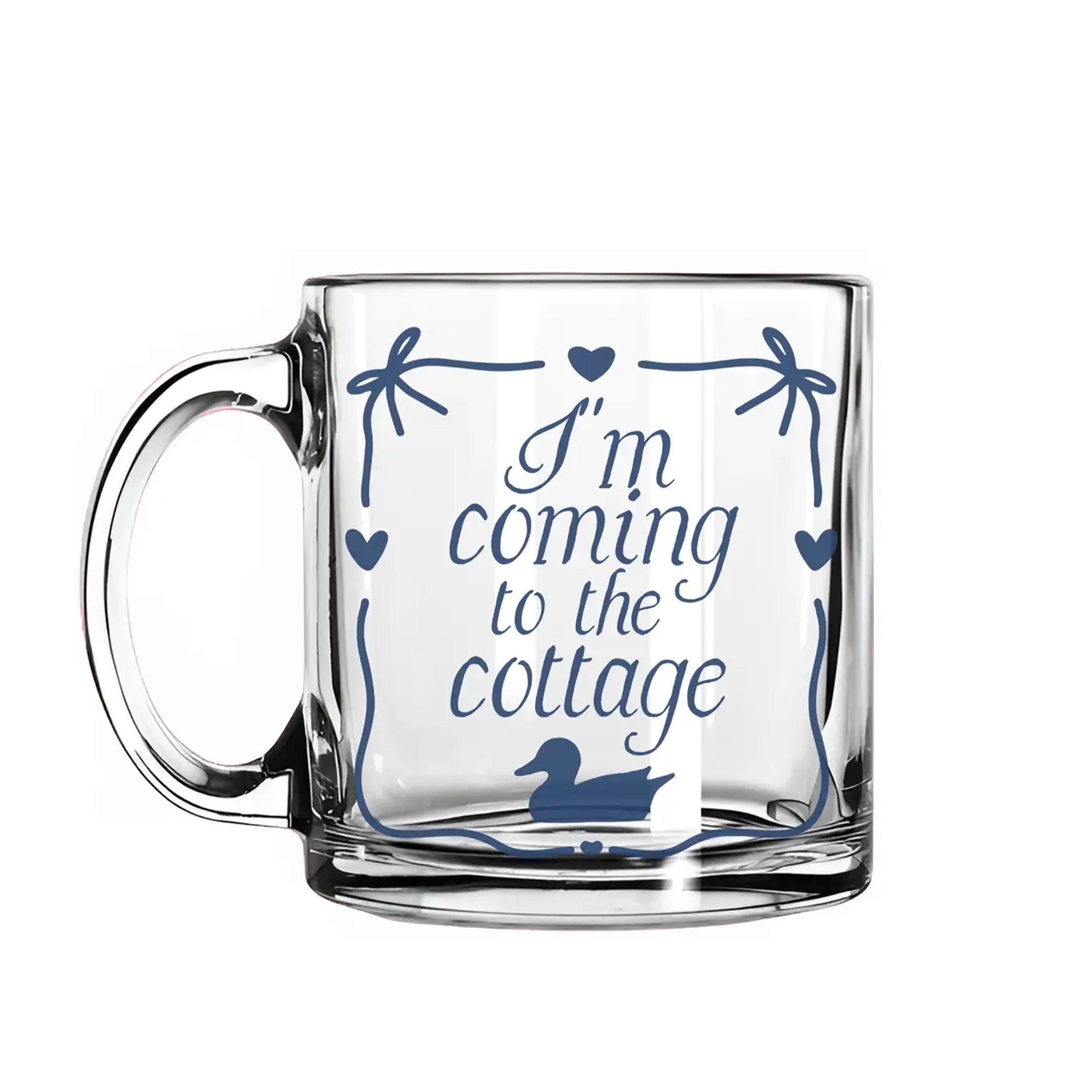 Clear glass mug with blue text and graphics on a white background