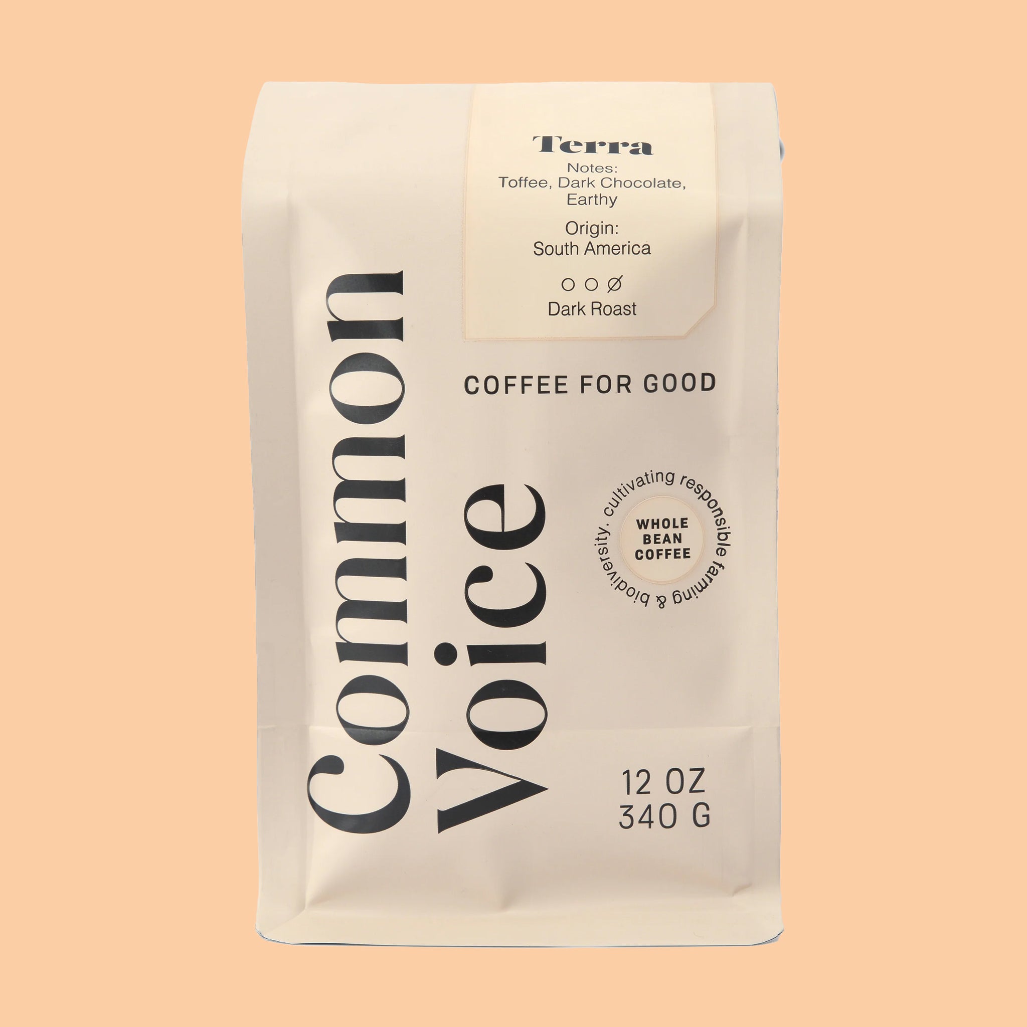 A bag of coffee in a neutral package with black text that reads, &quot;Common Voice&quot;.