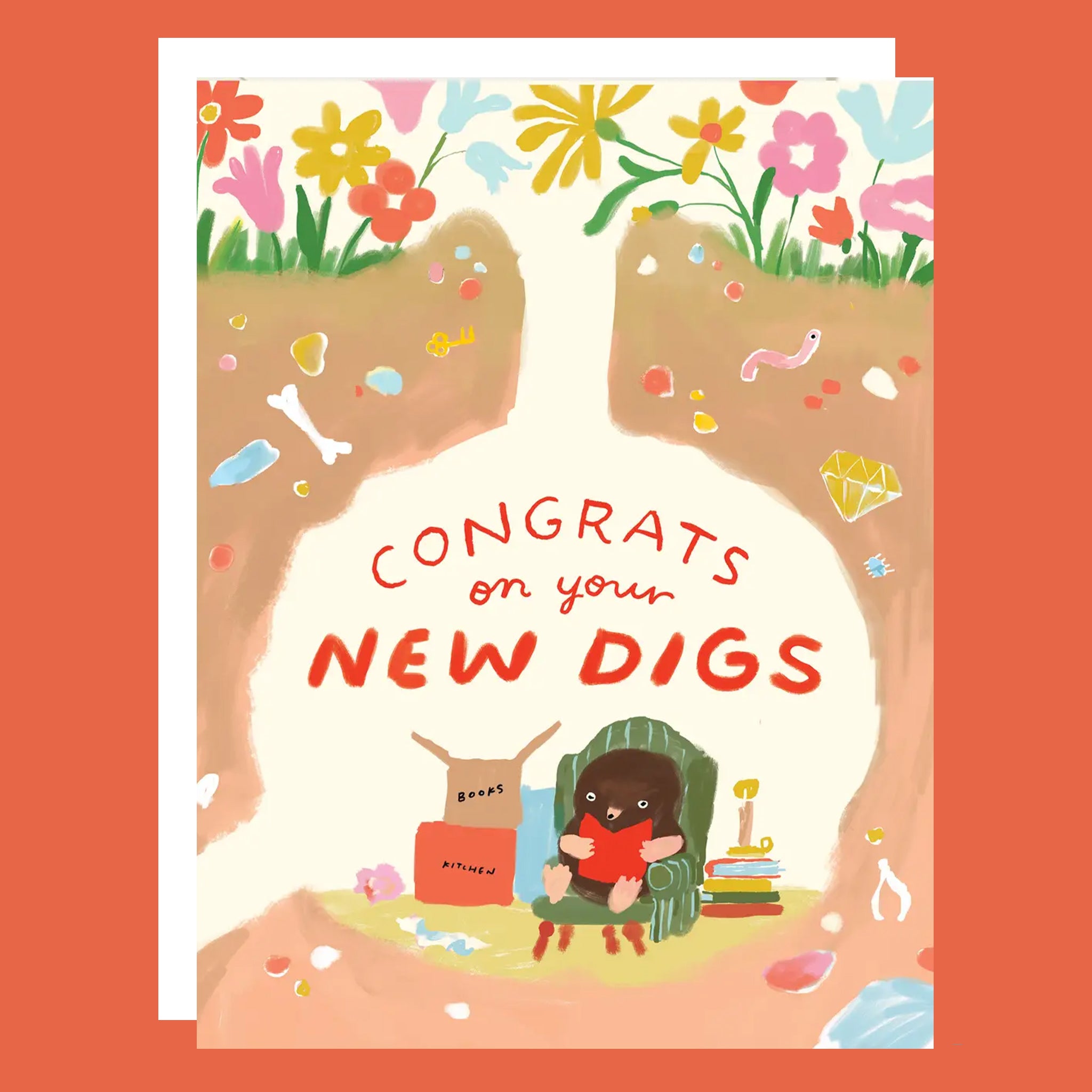 Greeting card with an illustration of a animal in a new home, surrounded by flowers and text 'Congrats on your New Digs' on a red background.