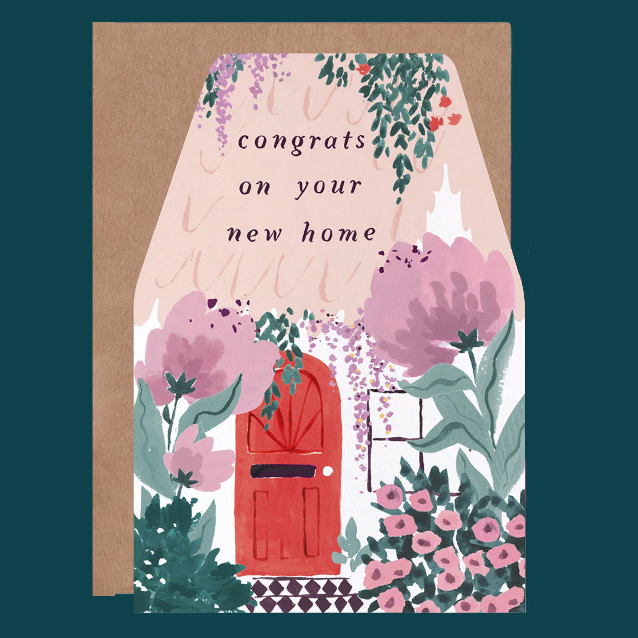 A house shaped card with text that reads, &#39;congrats on your new home&#39;. 