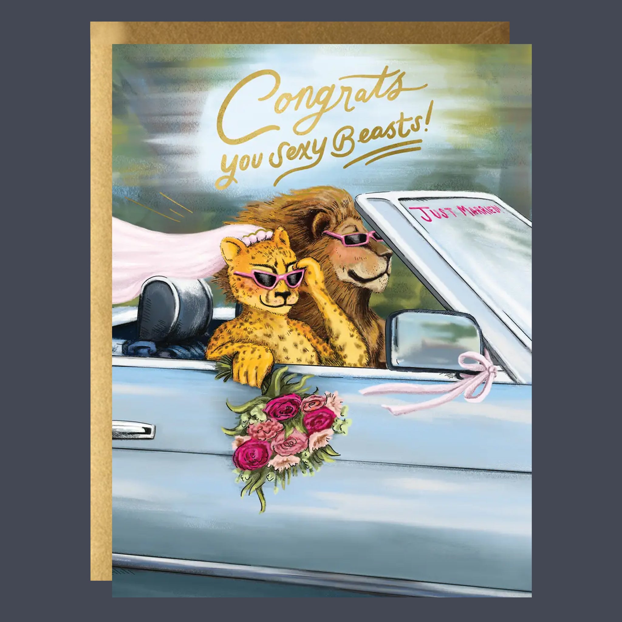 Card with cartoon lions in a car, sunglasses, and flowers with 'Congrats you sexy beasts!' text.