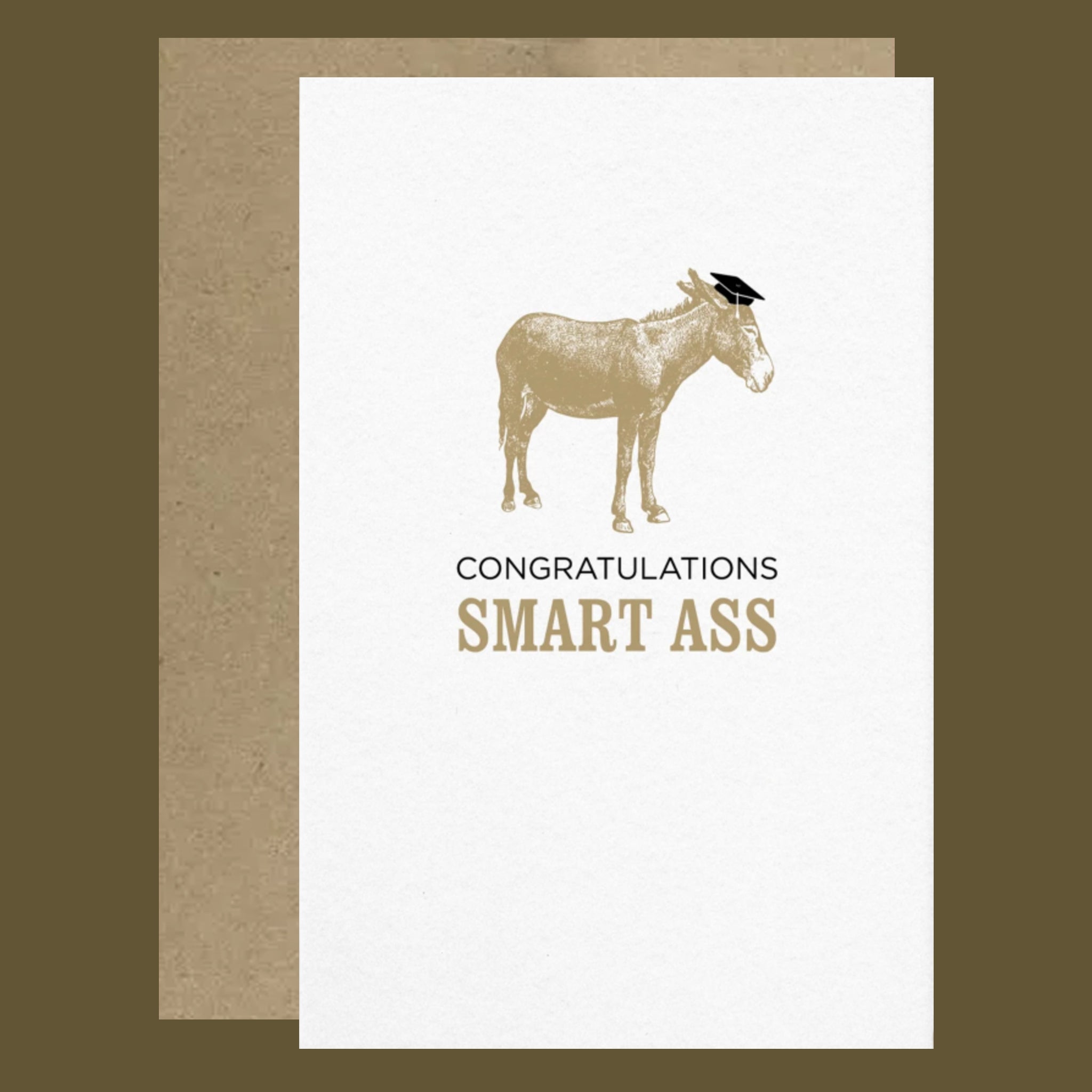 A white card with a graphic of a donkey wearing a graduation cap and text that reads, 'Congratulations Smart Ass'. 