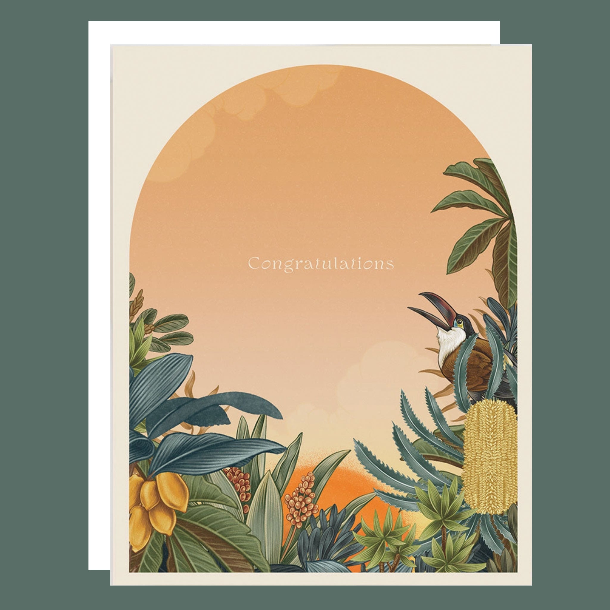 Greeting card with tropical design, bird, and 'Congratulations' text on a green background