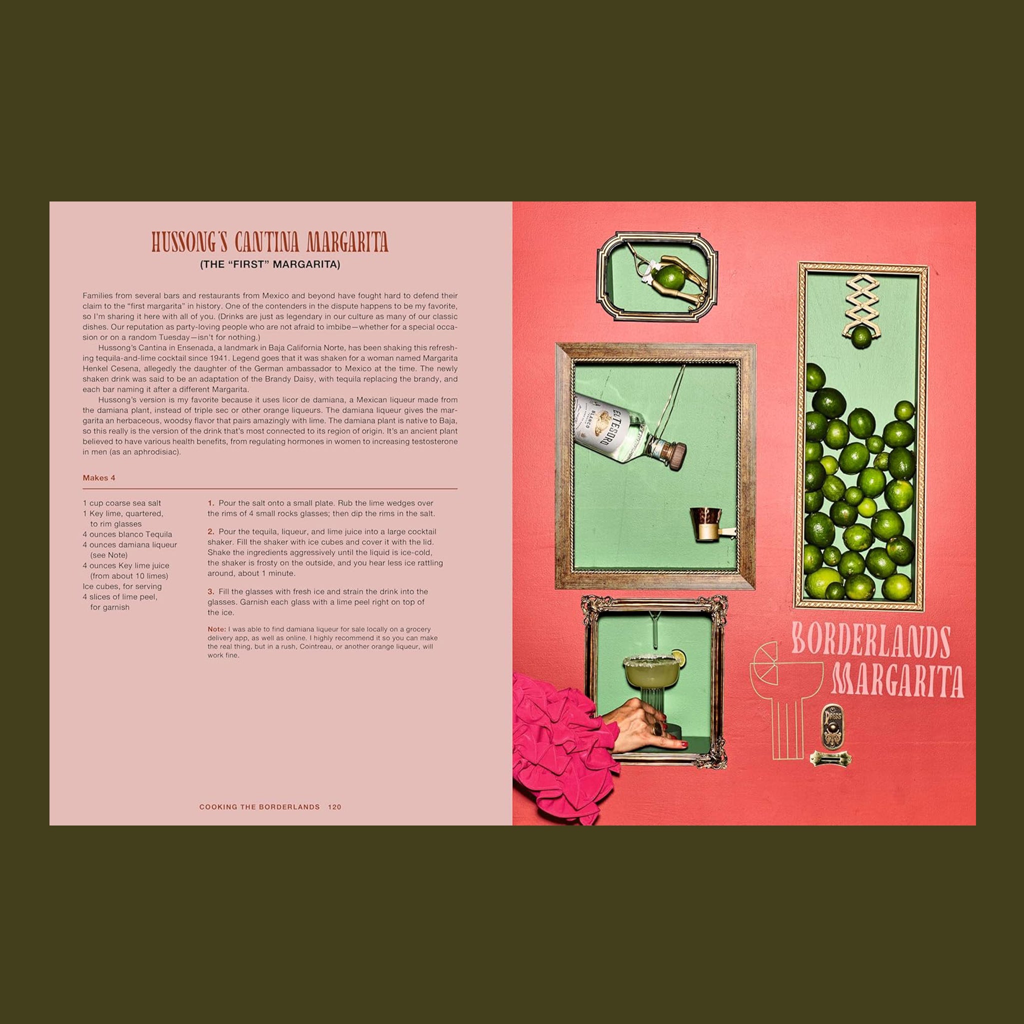 Illustrated recipe card for a margarita with ingredients and preparation steps on a pink background.