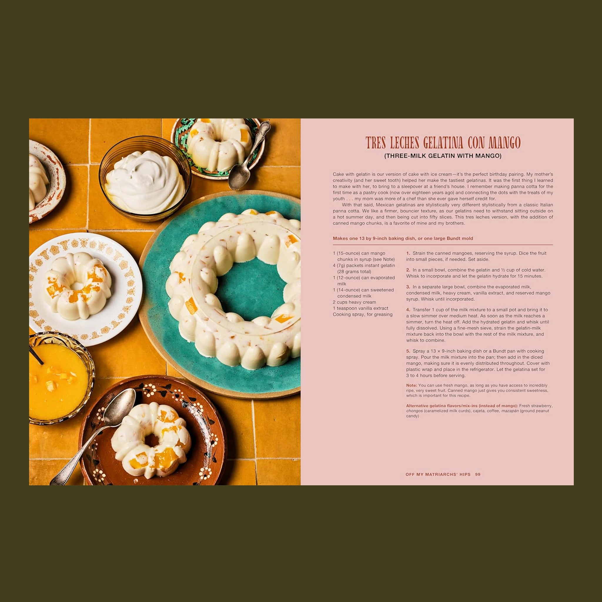 Three-layered dessert with a side of recipe on a yellow-tiled table