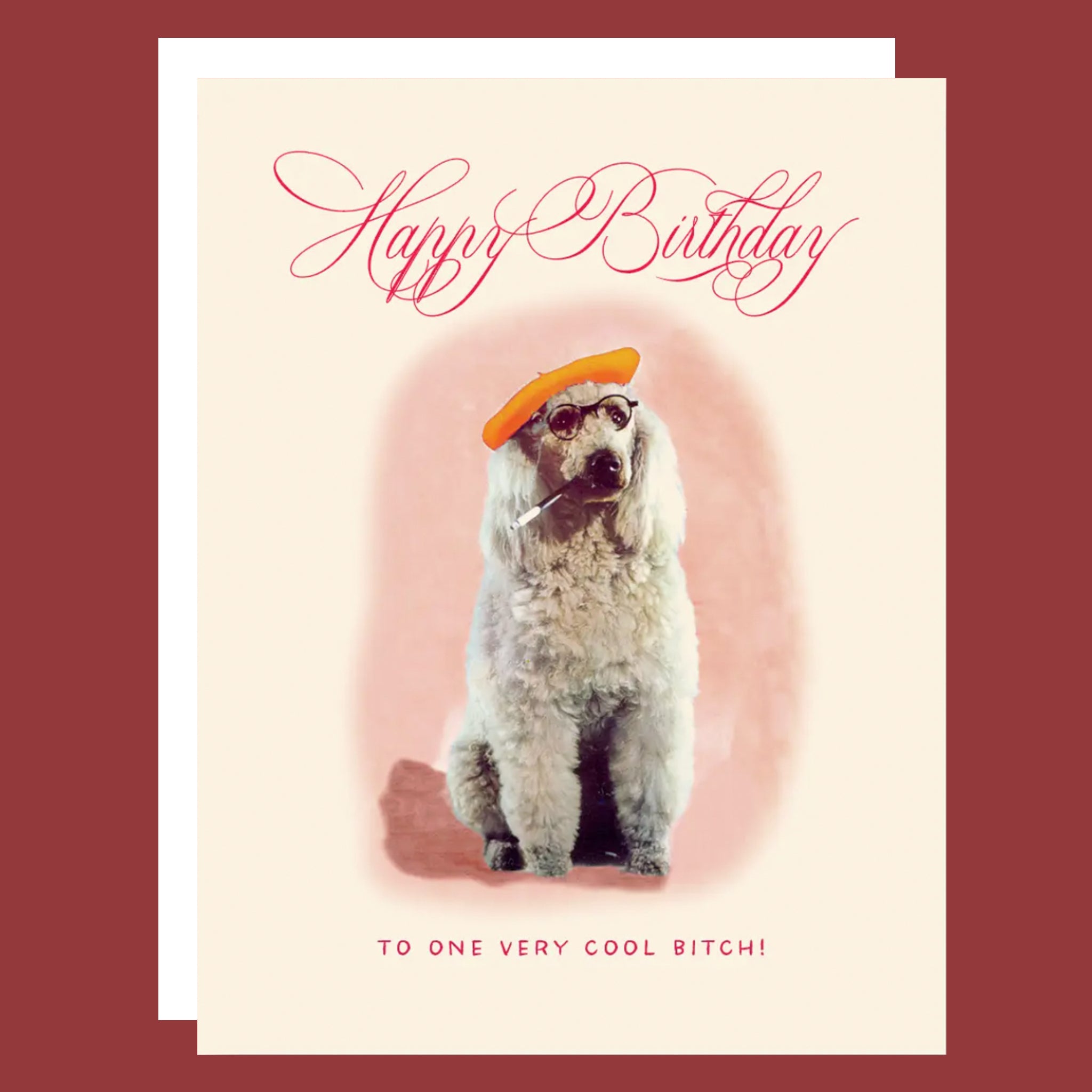 A novelty birthday card featuring a poodle wearing a beret and sunglasses, with the text 'Happy Birthday' at the top and 'TO ONE VERY COOL BITCH!' at the bottom, shown against a dark red background.