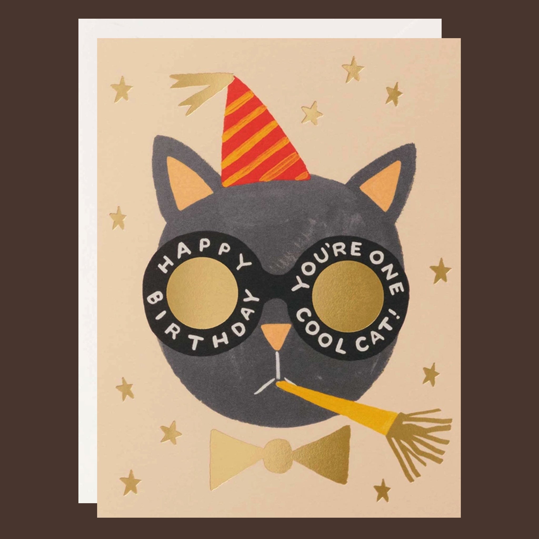 A birthday card with an illustration of a cat head with round glasses on that reads, &quot;Happy Birthday You&#39;re One Cool Cat!&quot; along with wearing a birthday hat. 
