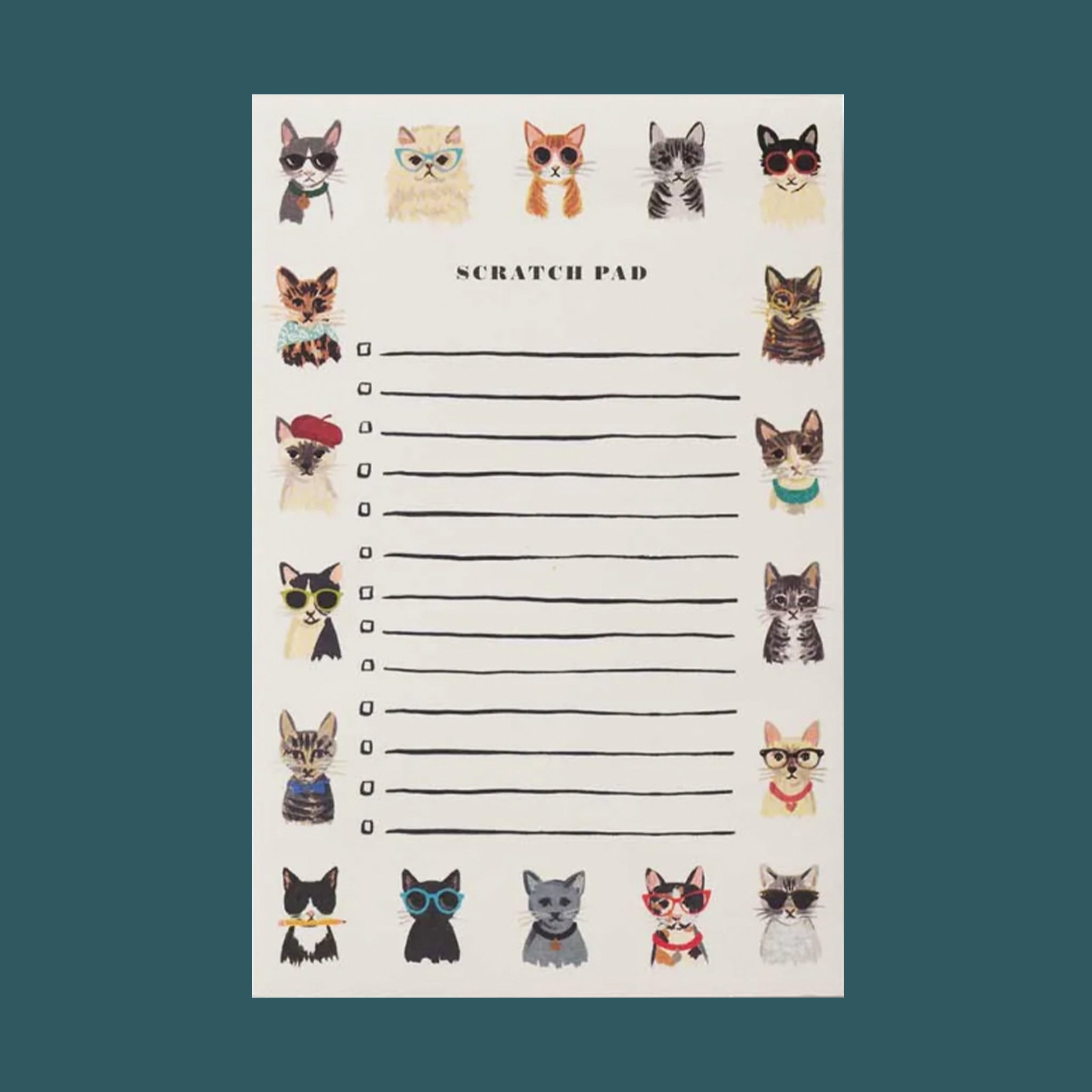 A white notepad with cat illustrations around the border and text in the center that reads, 'Scratch Pad' along with lines underneath and check boxes. 