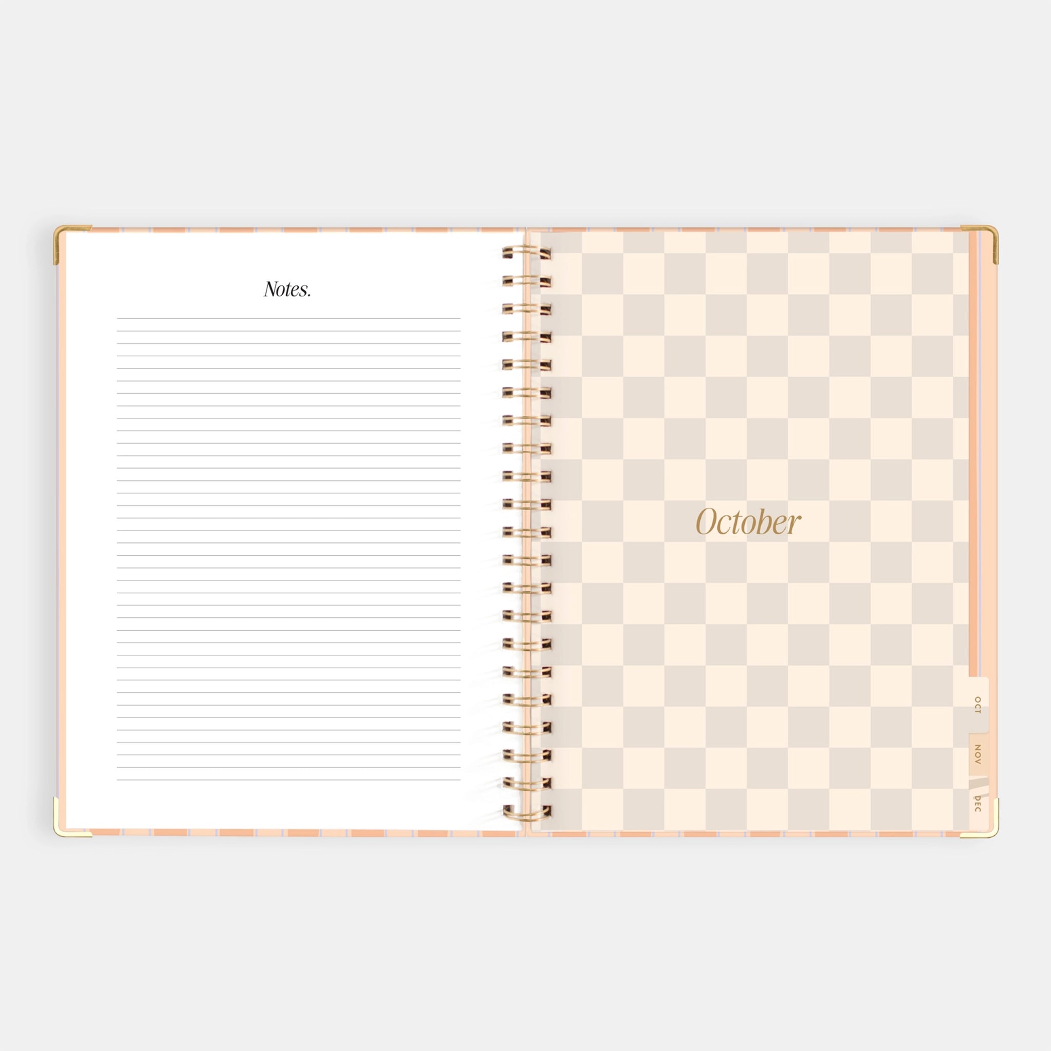 A coral and light blue striped planner with a gold spiral binding and gold foiled text that reads, "2026". 