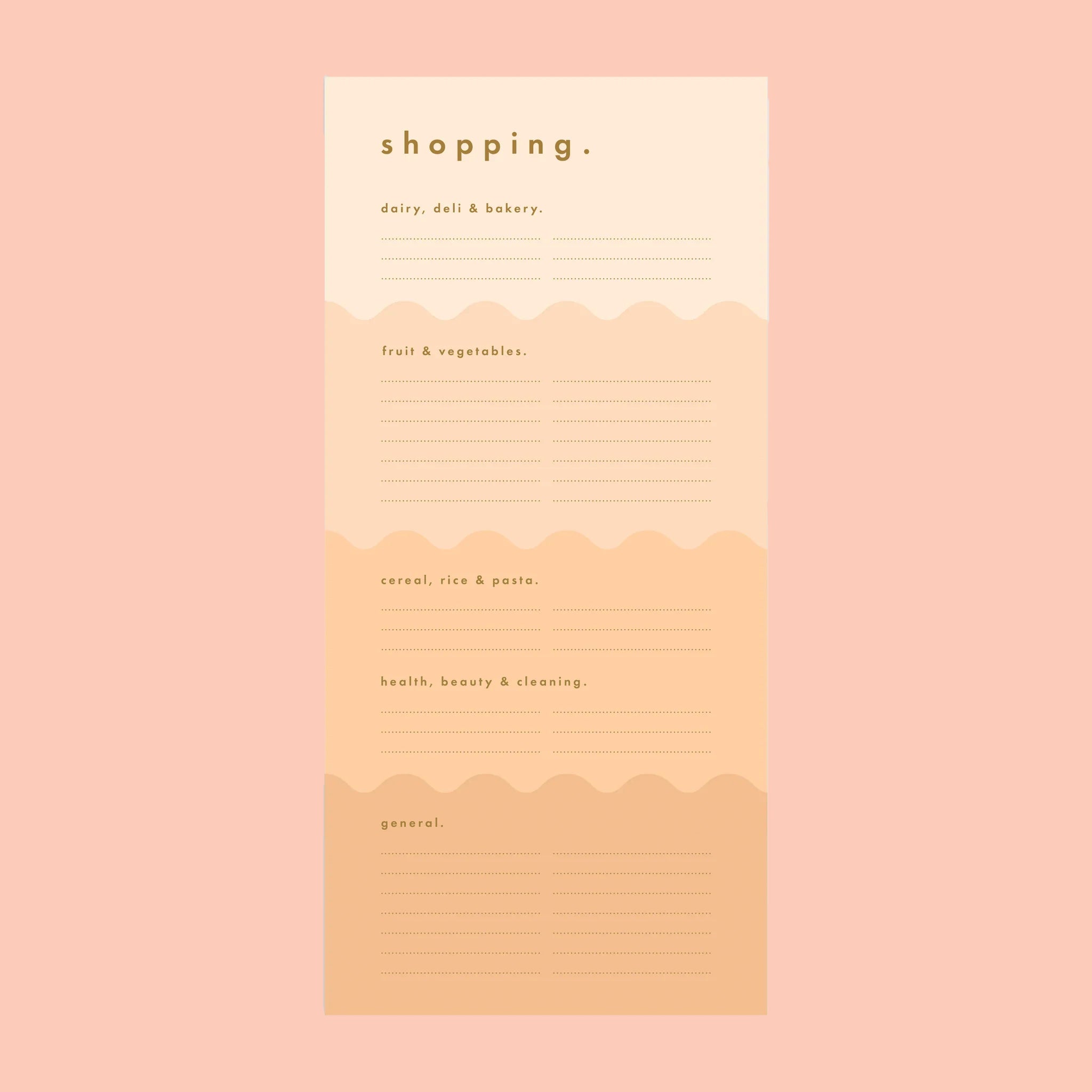 On a peachy background is a peachy wavy designed shopping notepad with gold foiled text details. 