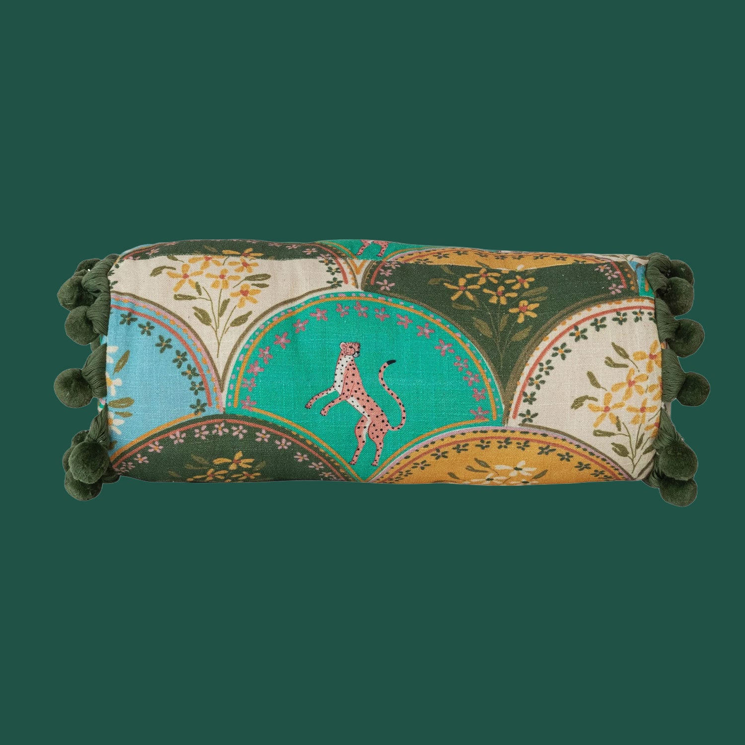 A floral and cheetah patterned bolster pillow. 
