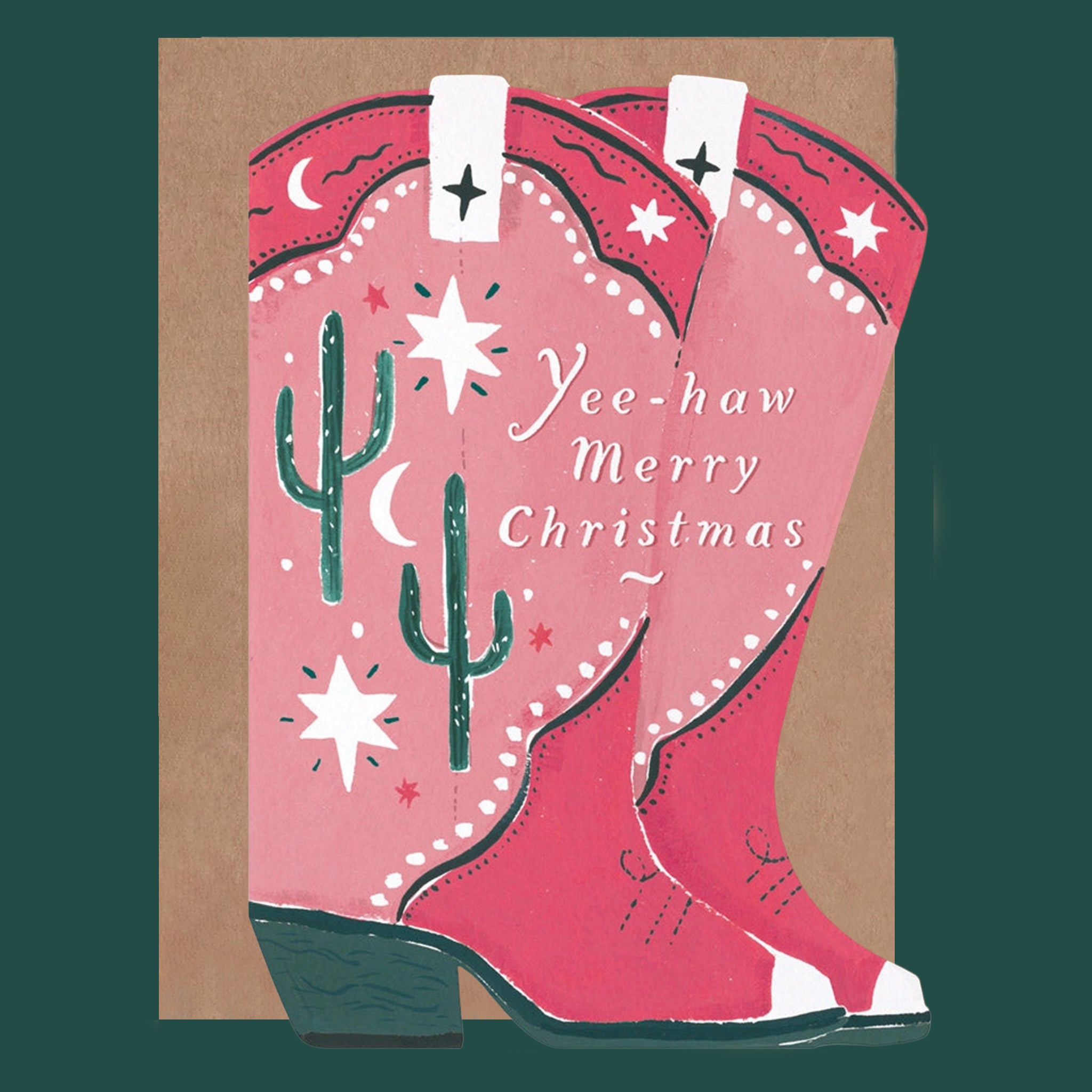 A card in the shape of red cowboy boots and text on them that reads, 'Yee-haw Merry Christmas'.