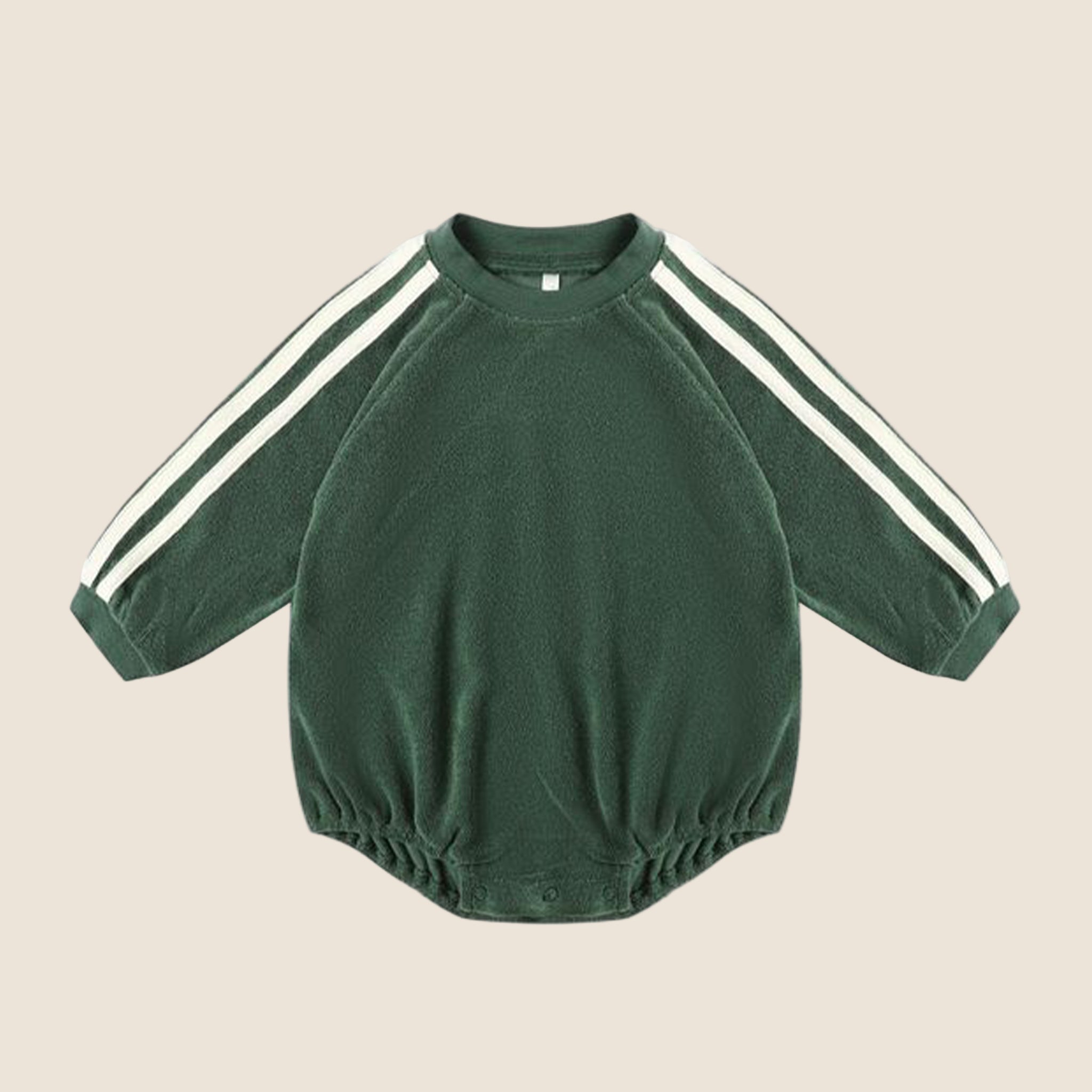A green crewneck romper for babies with stripes down the sleeves. 