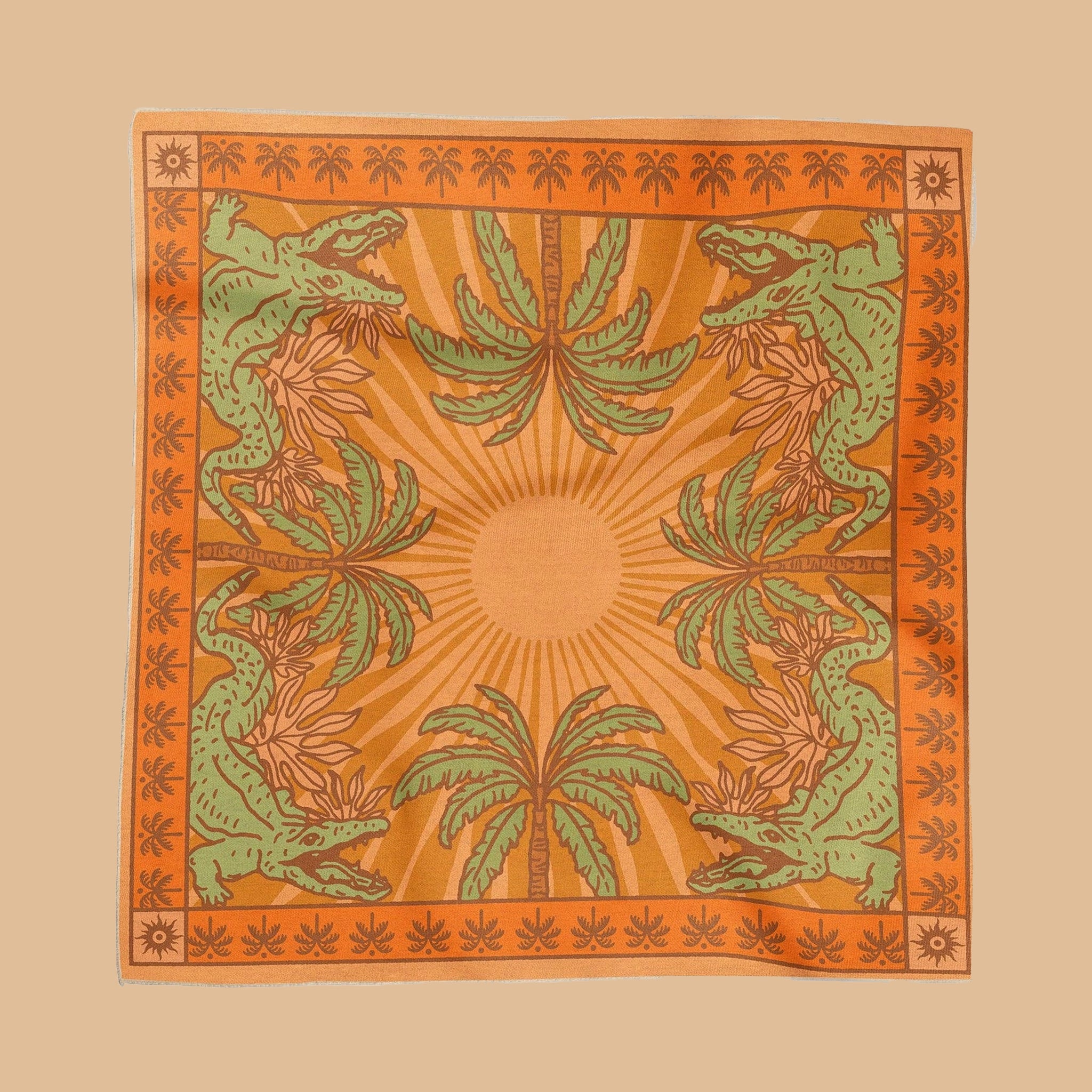 An orange and green crocodile print bandana.
