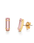 On a white background is a gold plated of pair of baguette stud earrings with a pink stone in the center. 