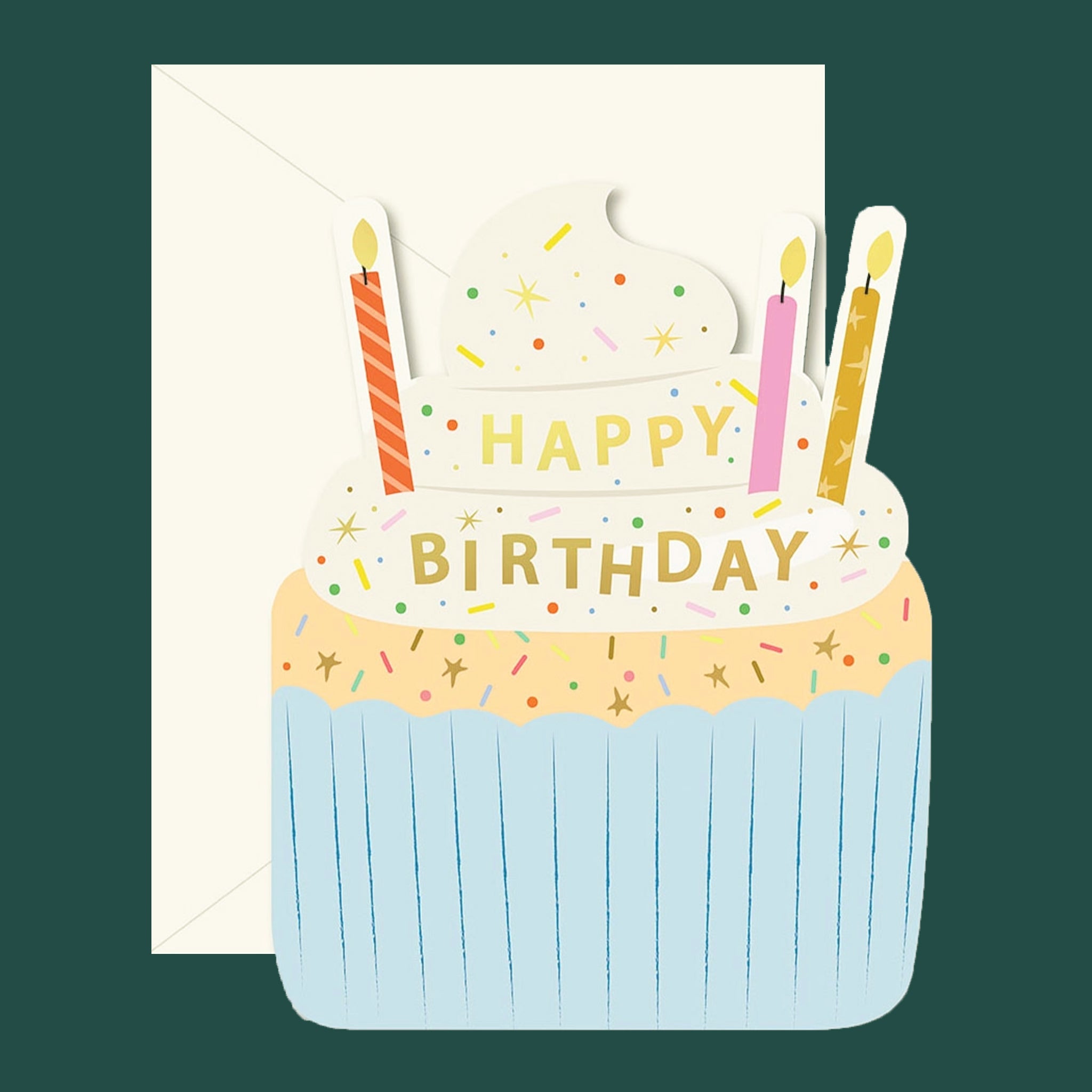 "Happy Birthday" on a cupcake shaped birthday card. 