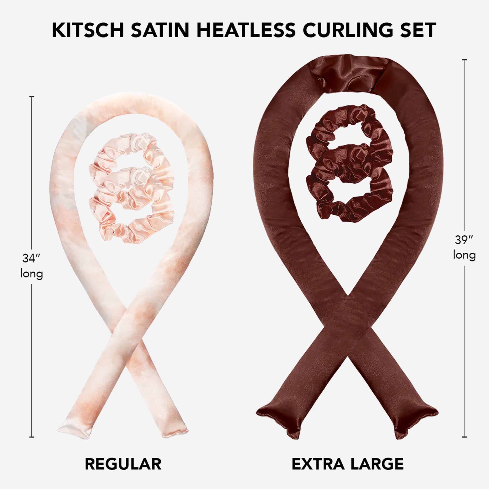 A side by side comparison of the regular heatless curling set in a different color next to the chocolate brown XL version. 
