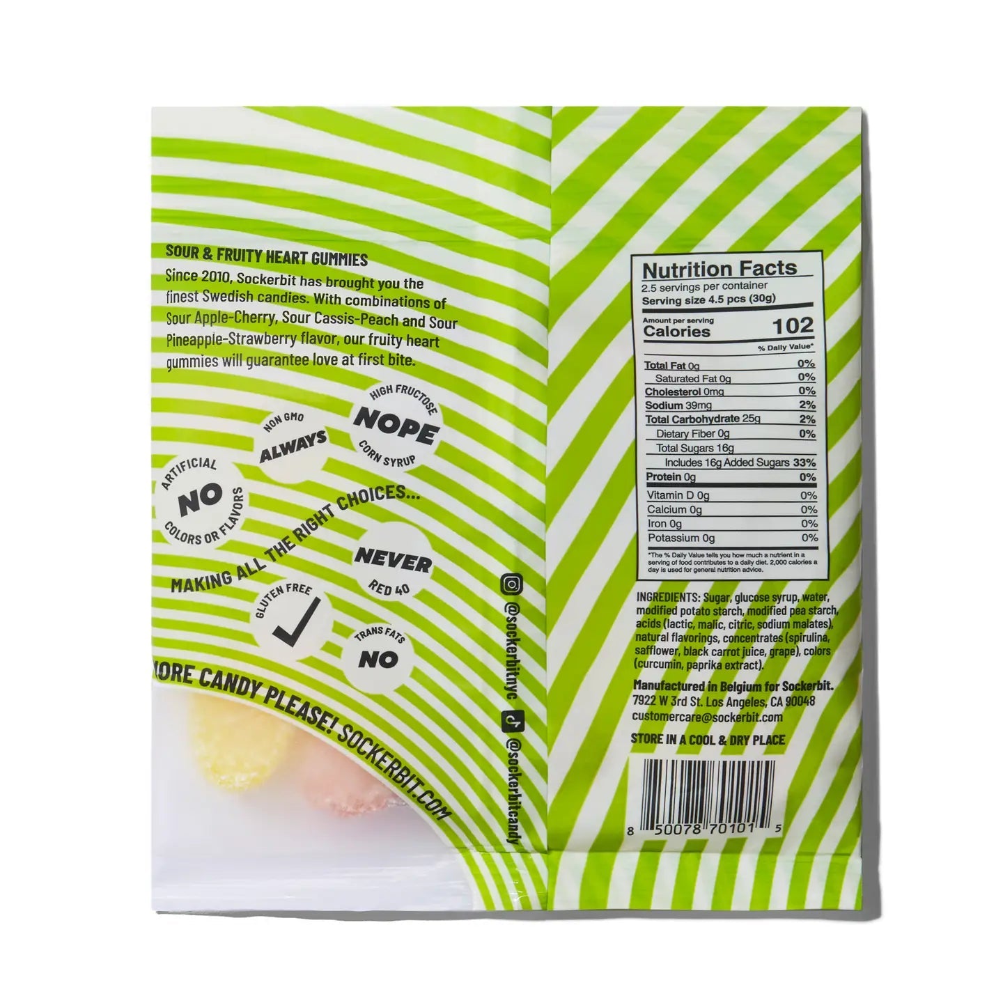 Back of Sockerbit Swedish Candy ‘Sour & Fruity Heart Gummies’ bag with green striped design, nutrition facts panel, ingredients list, and product information.