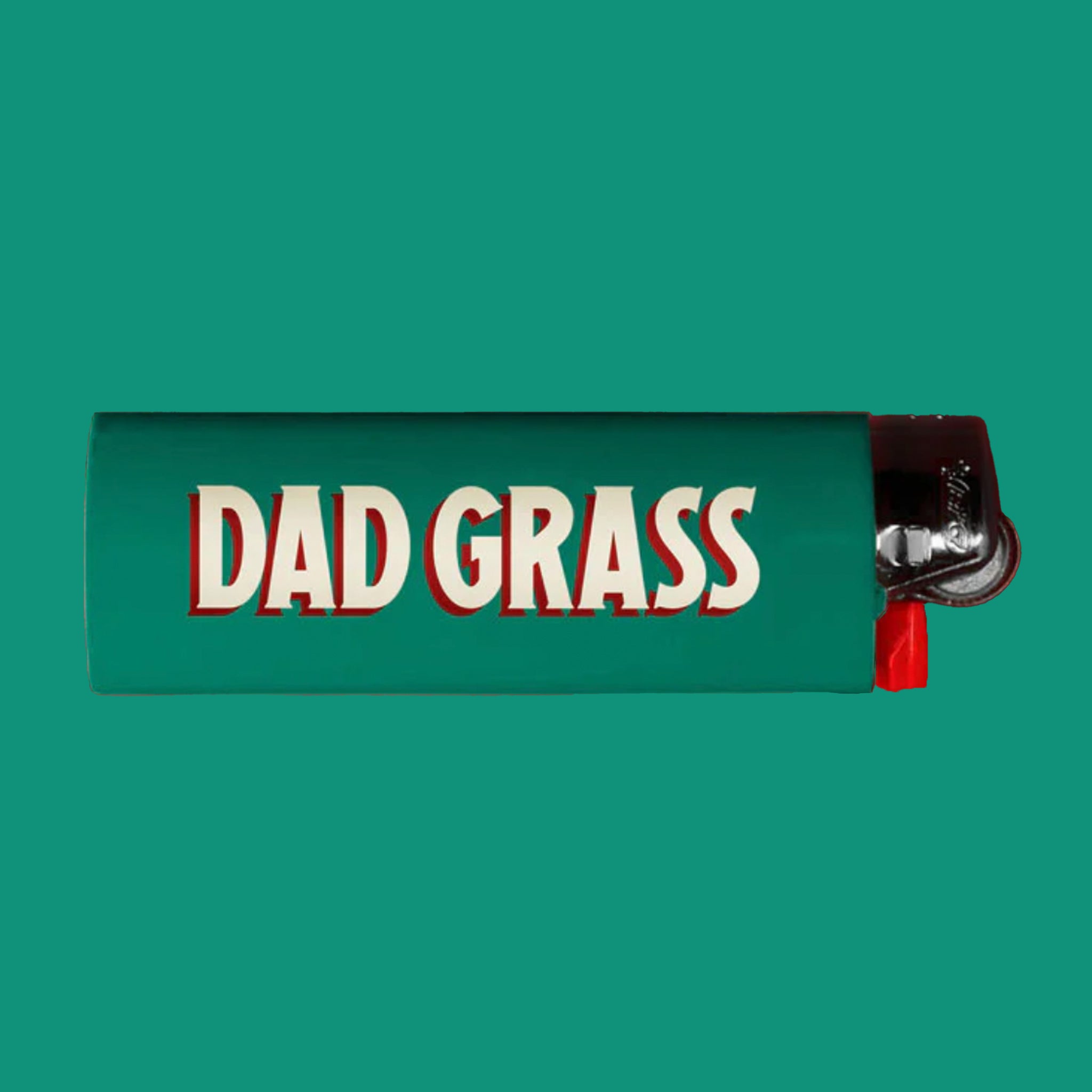 A green lighter with "Dad Grass" on one side and "Lighten Up" on the other. 
