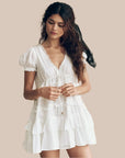 A white ruffle mini dress with a vneck and puff sleeves. 