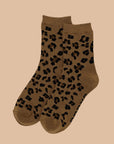 A brown and black pair of leopard print crew socks. 
