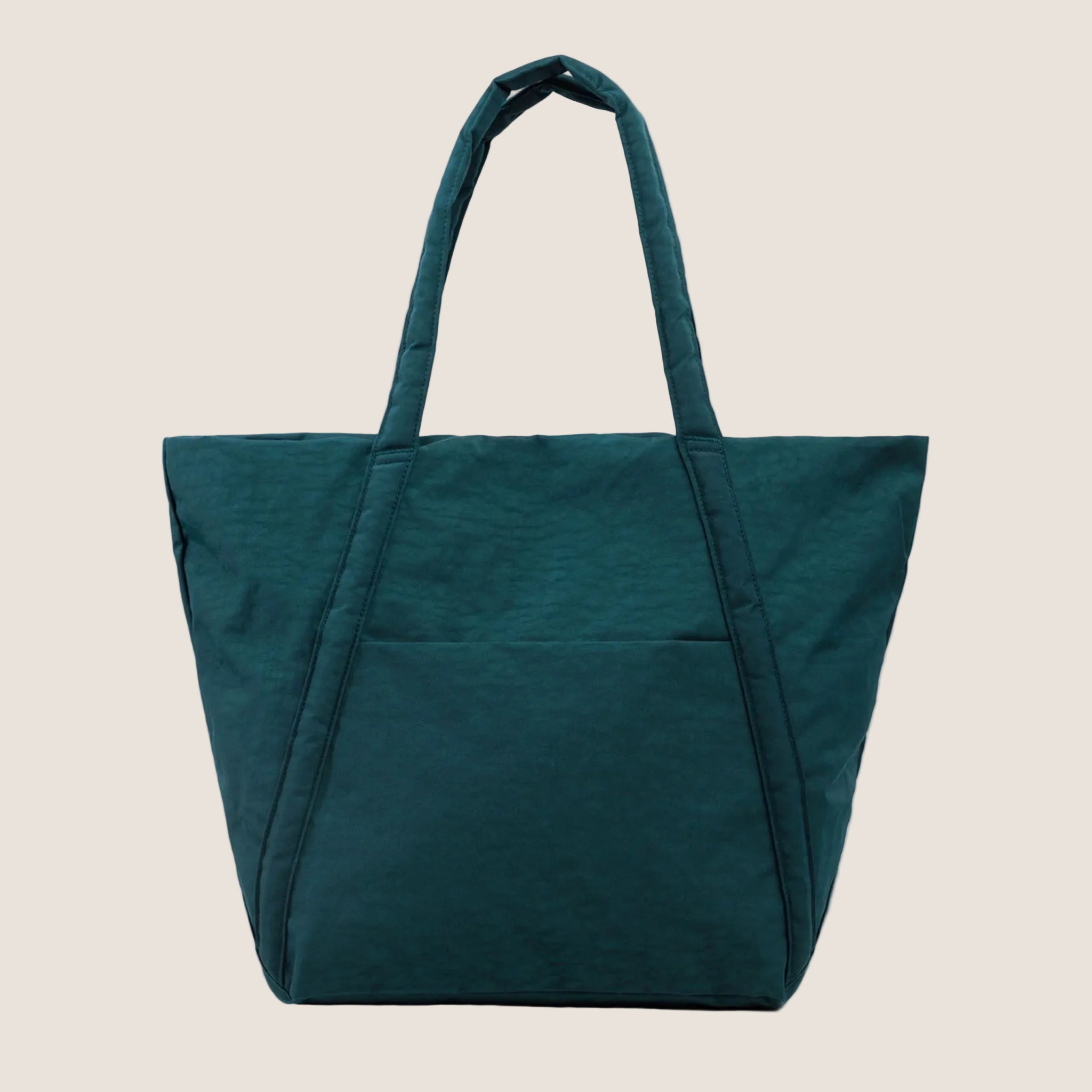 A dark teal colored nylon tote bag. 