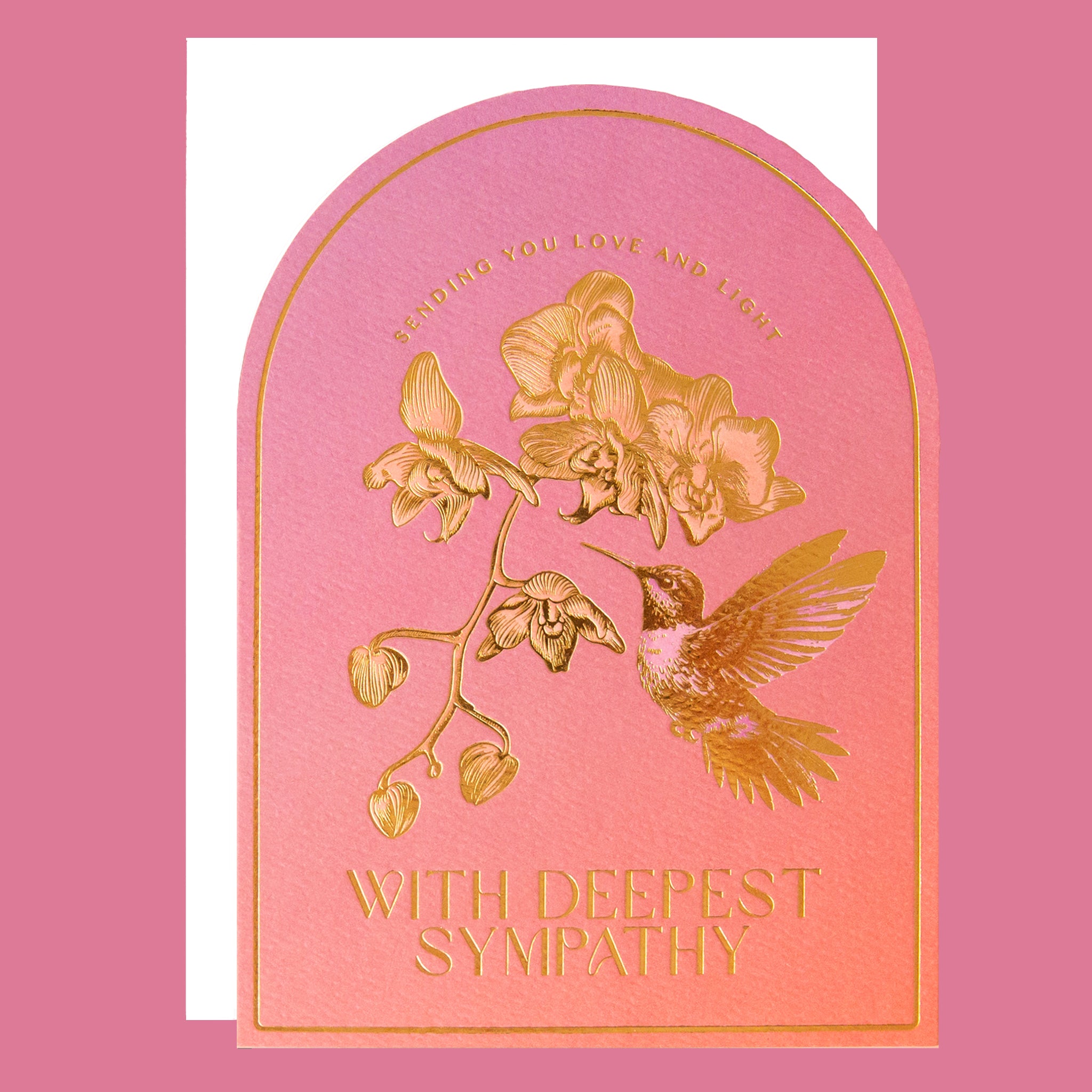 Sympathy card with gold floral design and text on a pink background