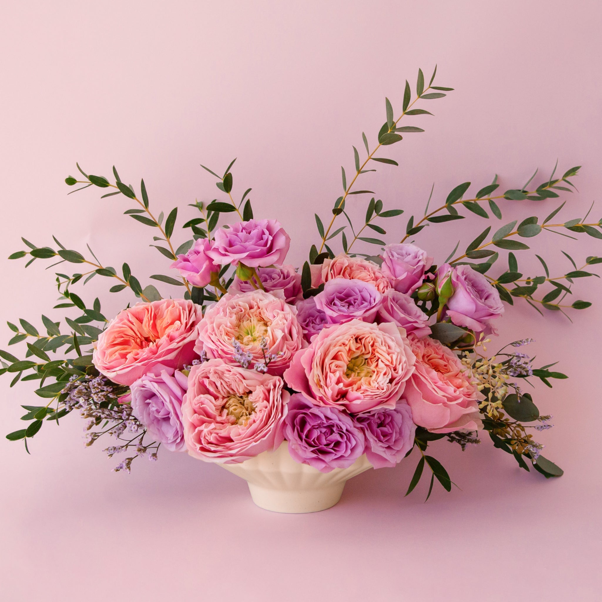 A beautiful floral arrangement with garden roses and sprigs of green in an off white vase on a pink background.