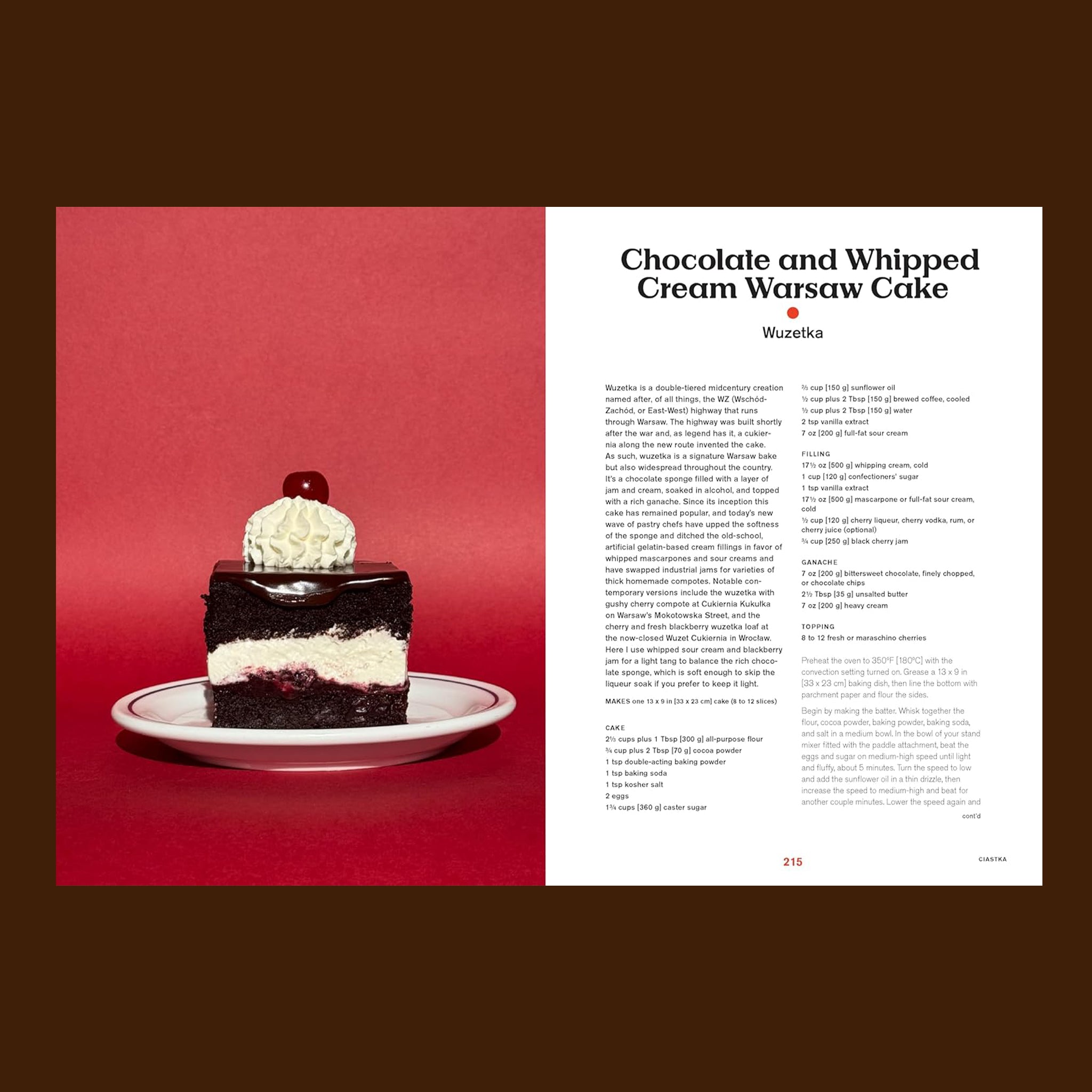 The interior of the book that reads, &quot;Chocolate and Whipped Cream Warsaw Cake&quot;. 