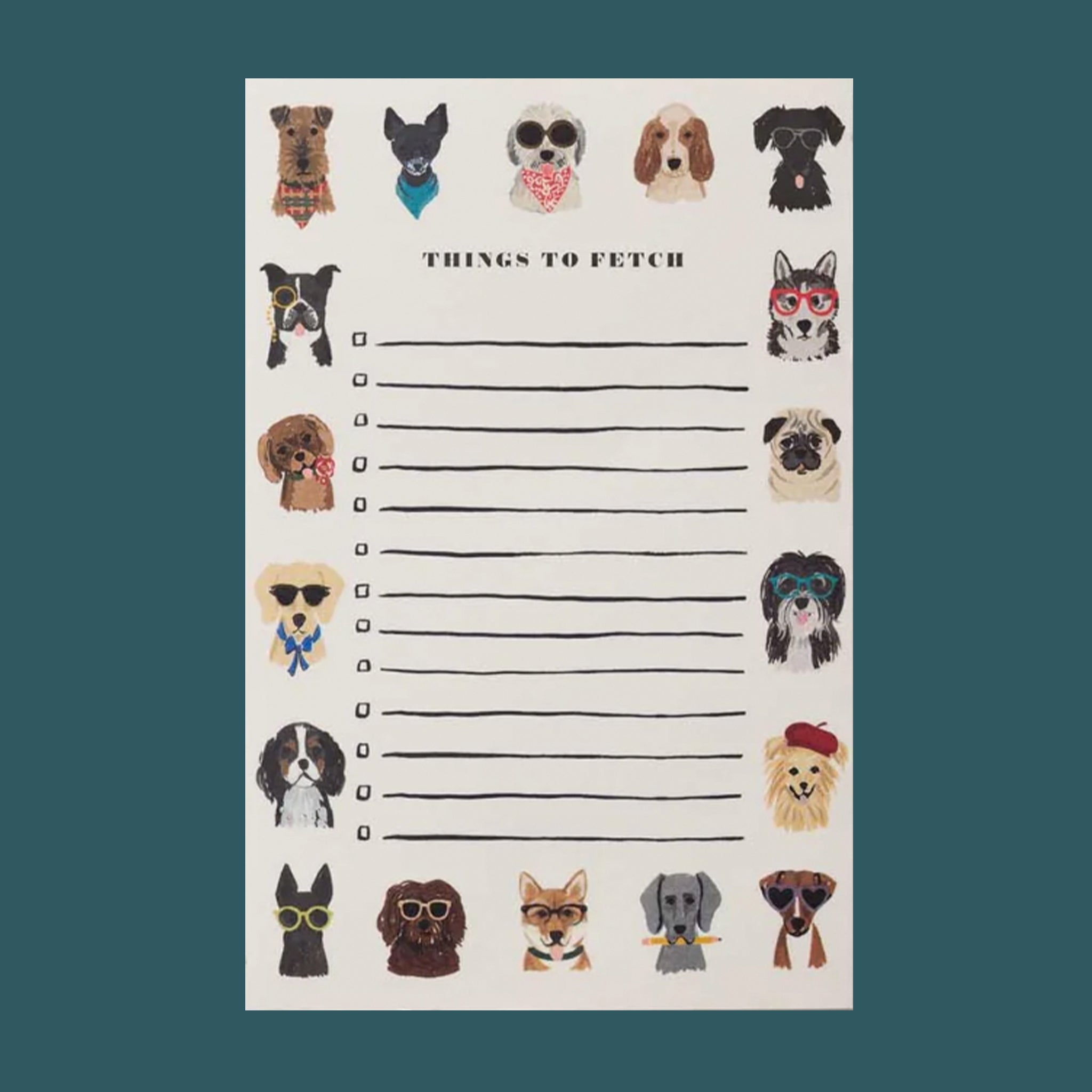 A notepad with a border of illustrations of different dog breeds and text in the center that reads, 'Things To Fetch' and lines and check boxes. 