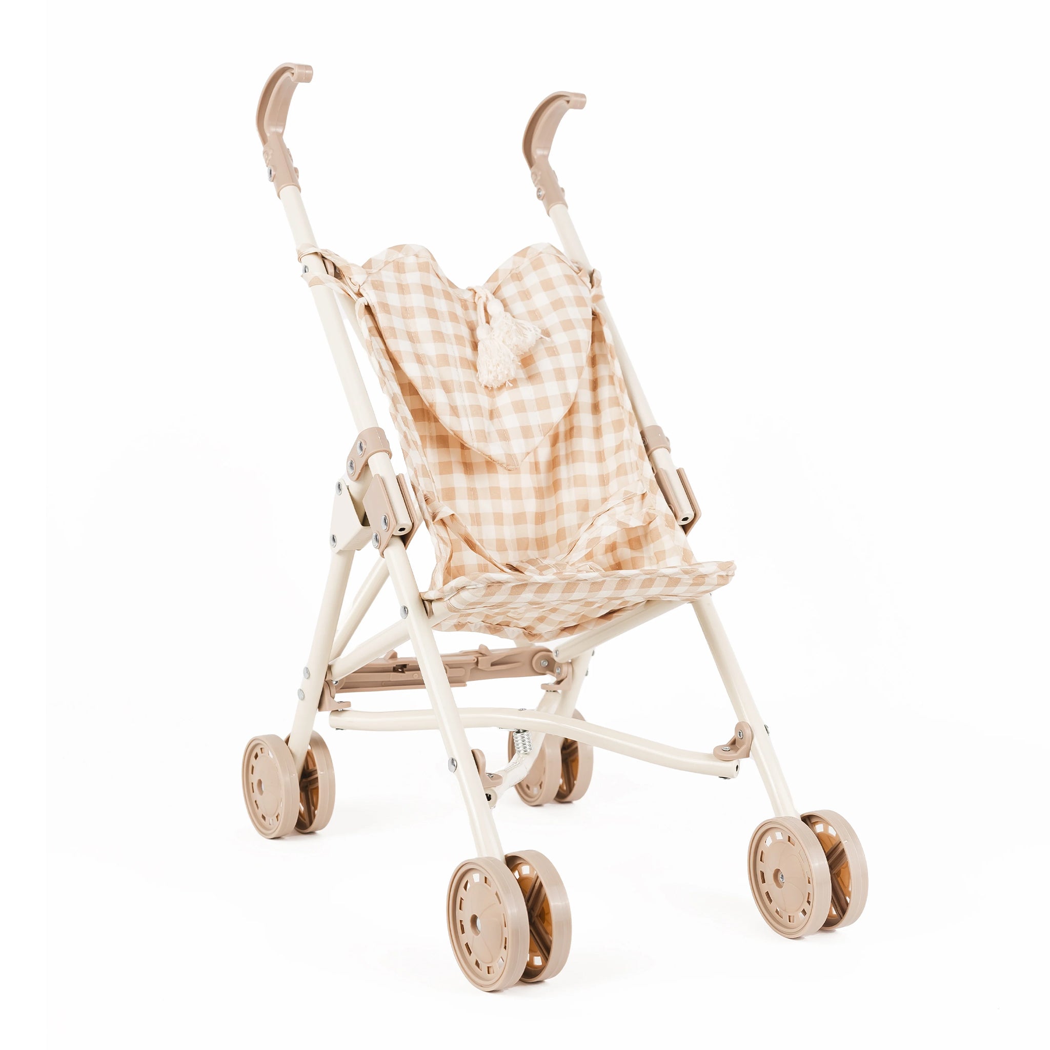 Miniature doll stroller with checkered seat cover on a white background
