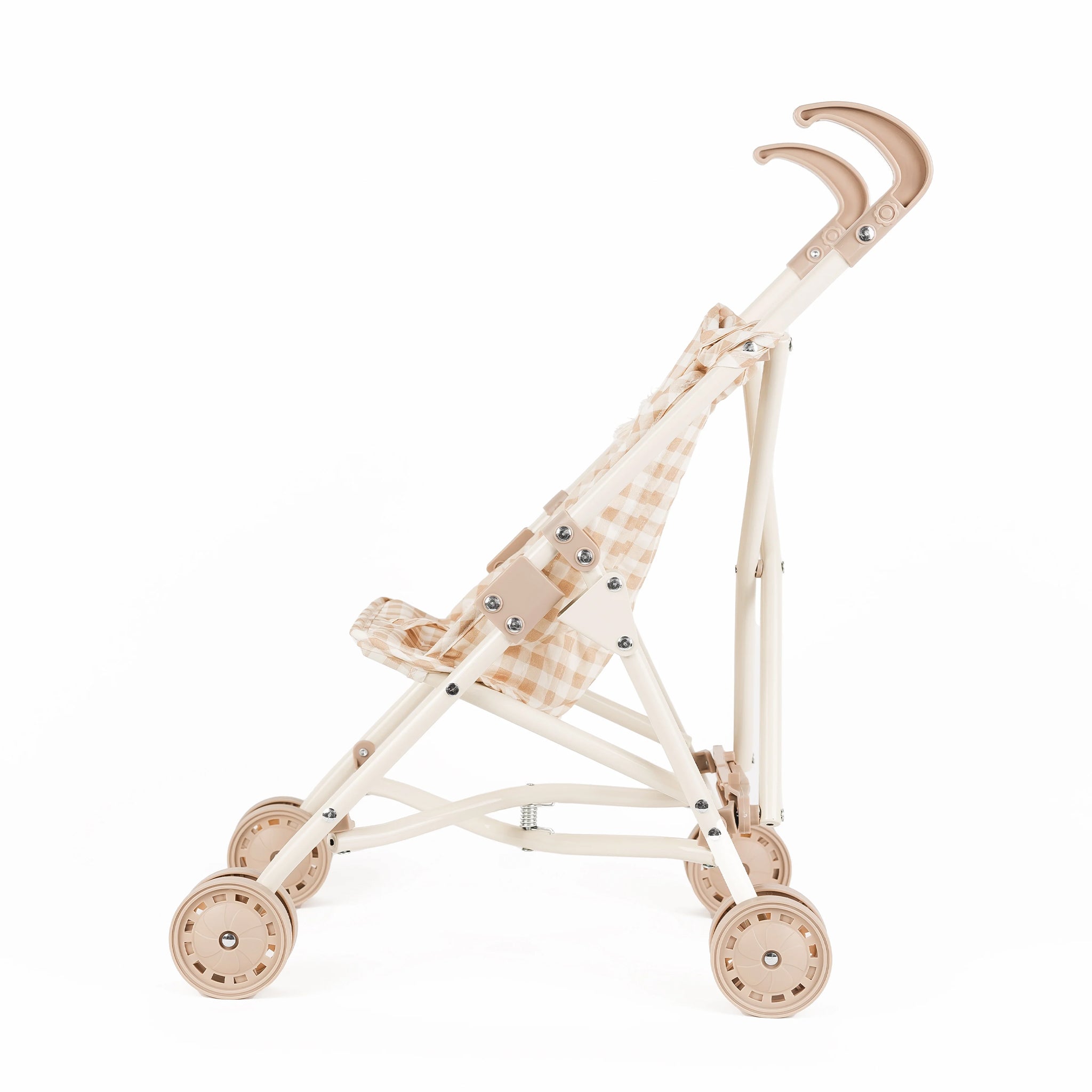 Miniature doll stroller with checkered seat cover on a white background