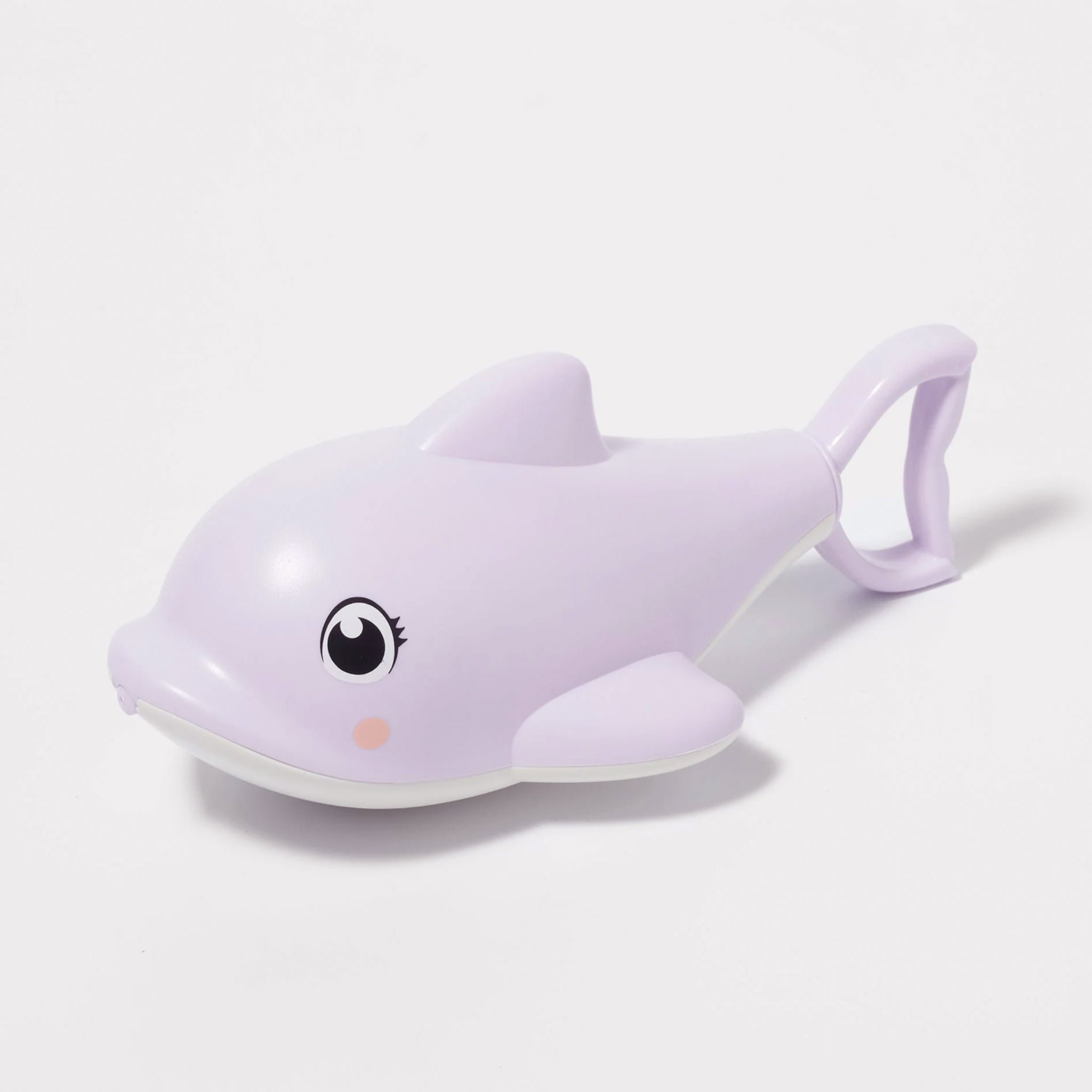A light purple dolphin shaped pool or bath toy with a retractable handle at the end of the toy that resembles the dolphin&#39;s fin. 