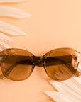 On a peachy background is a light brown translucent pair of sunglasses that have a rounded shape and a light brown lens. 