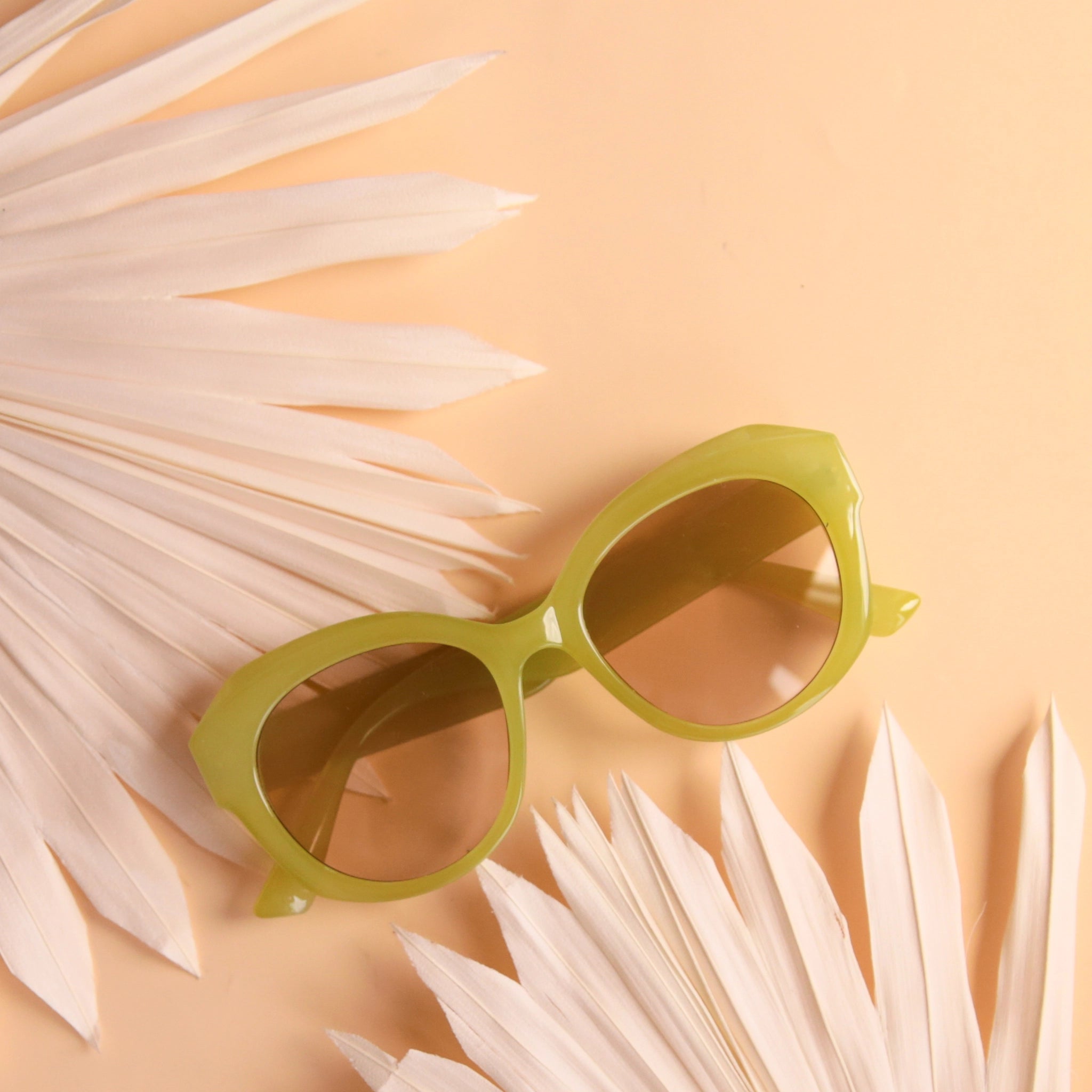 On a peachy background is a round pair of light green sunglasses with a light brown lens.