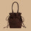 A drawstring brown bucket bag.