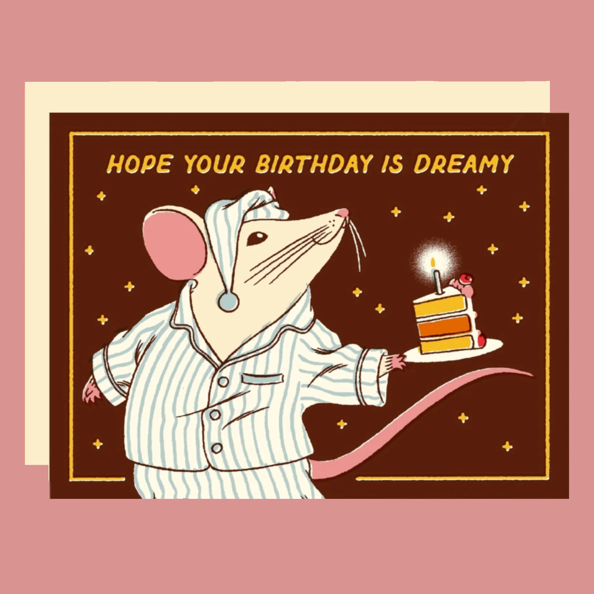 Illustration of a mouse in pajamas holding a birthday cake with text 'Hope your birthday is dreamy' on a brown background.
