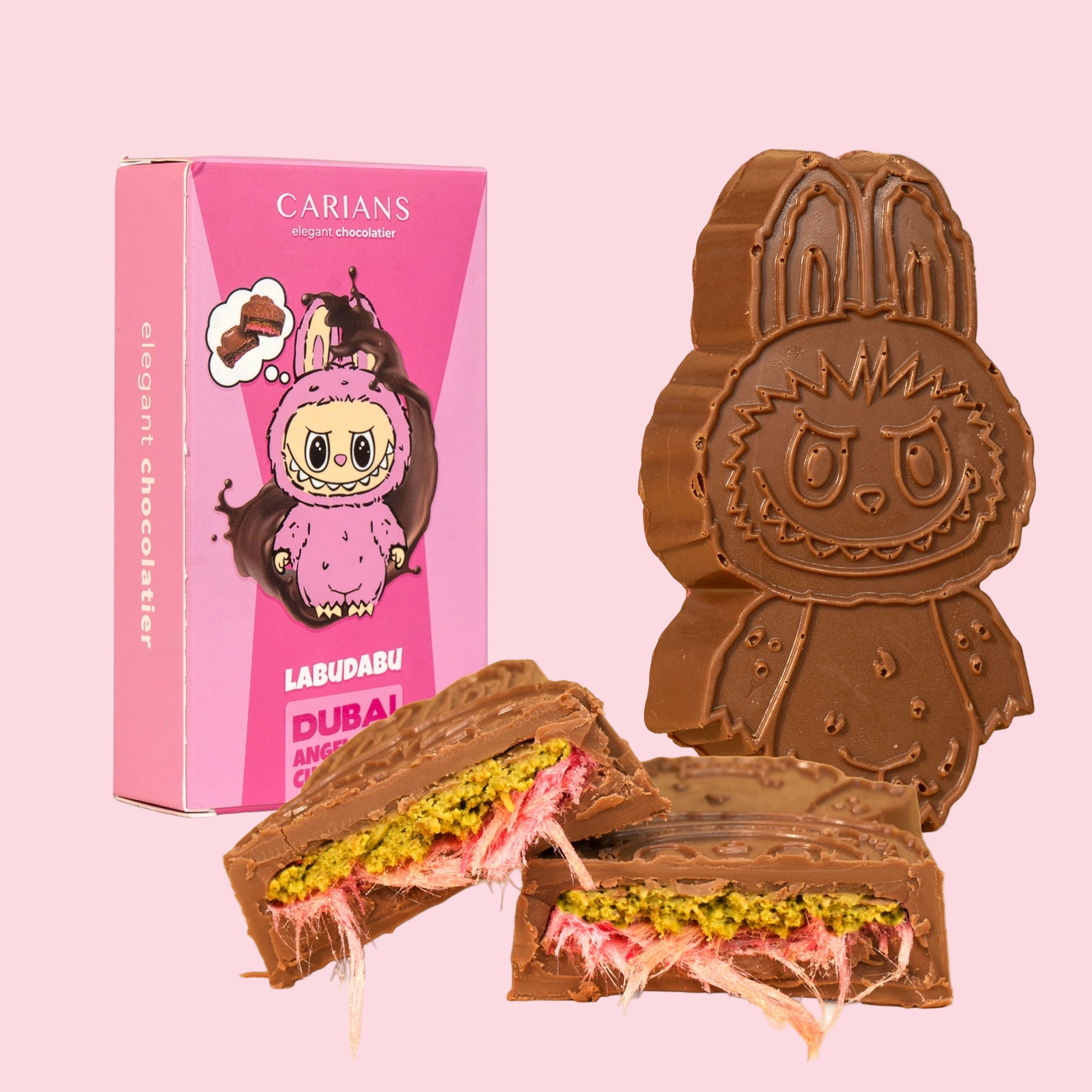 "Carians Labudabu Dubai" labubu shaped duabai chocolate bar. 