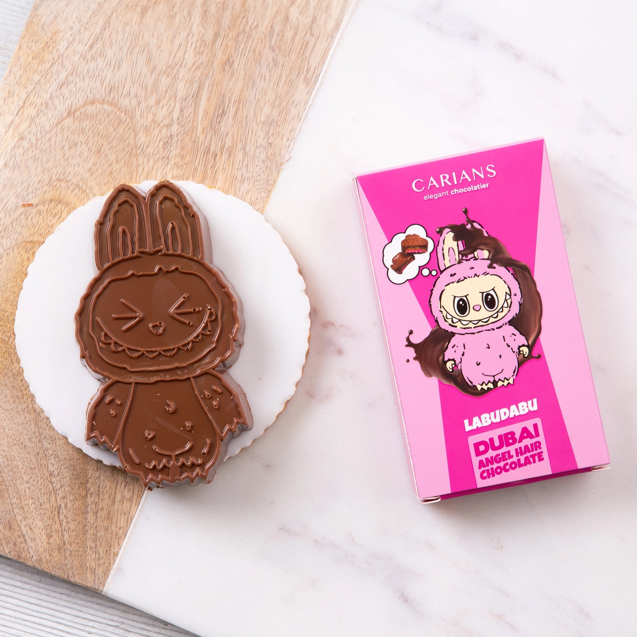 "Carians Labudabu Dubai" labubu shaped duabai chocolate bar. 