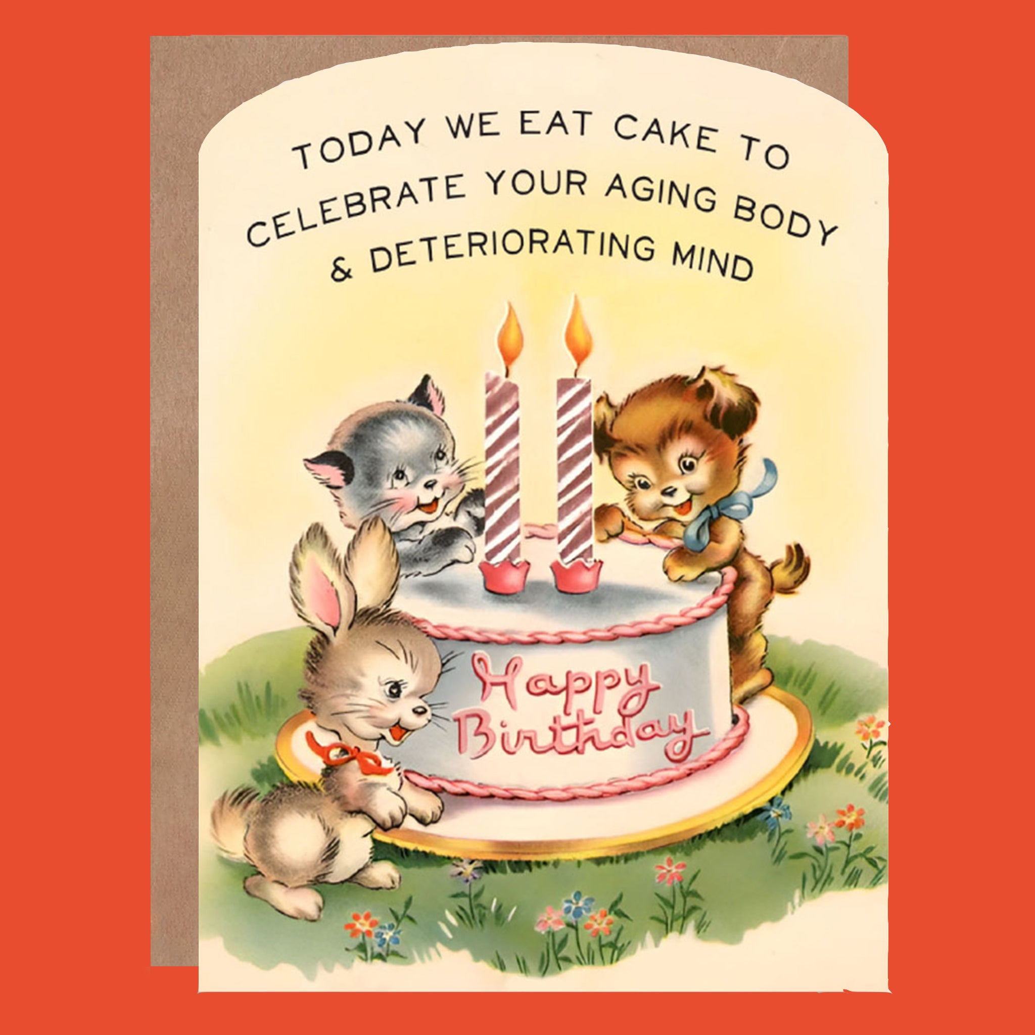 Greeting card with animals on the front standing around a birthday cake. 