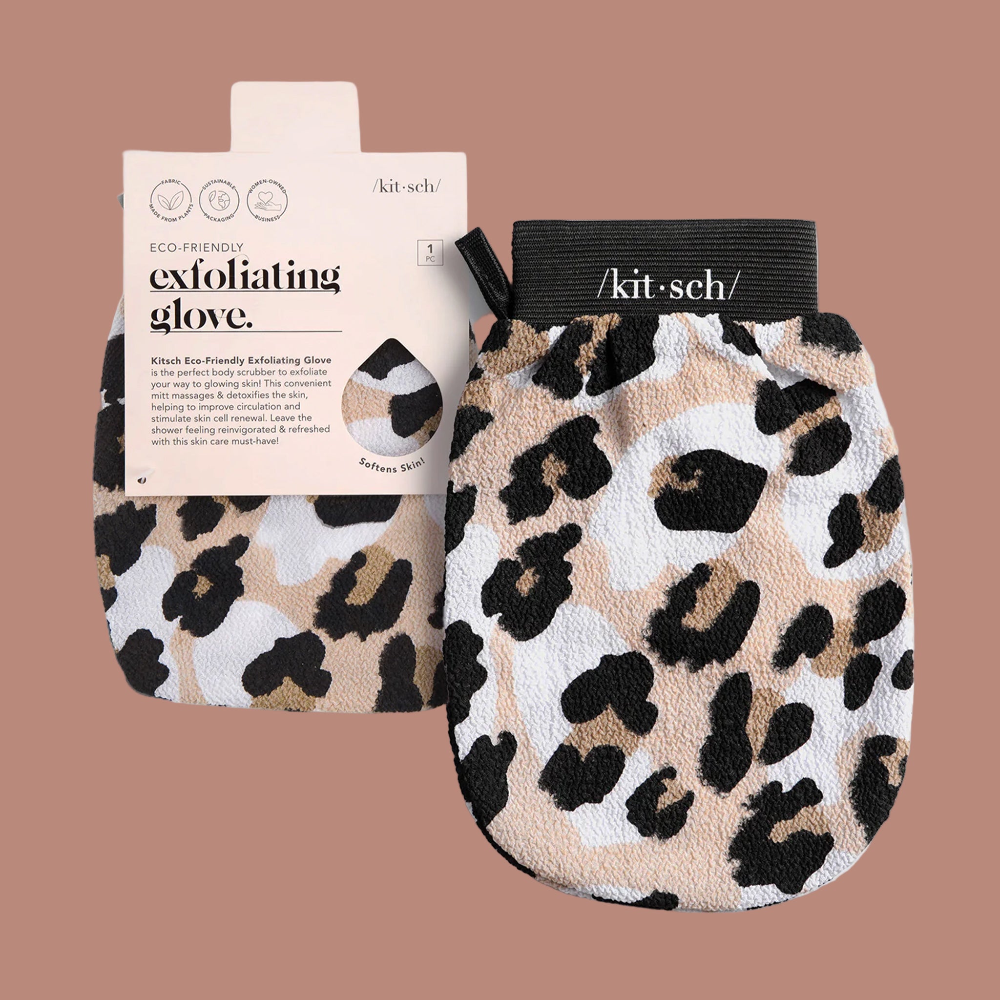 A black, mauve and white leopard print exfoliating hand glove. 