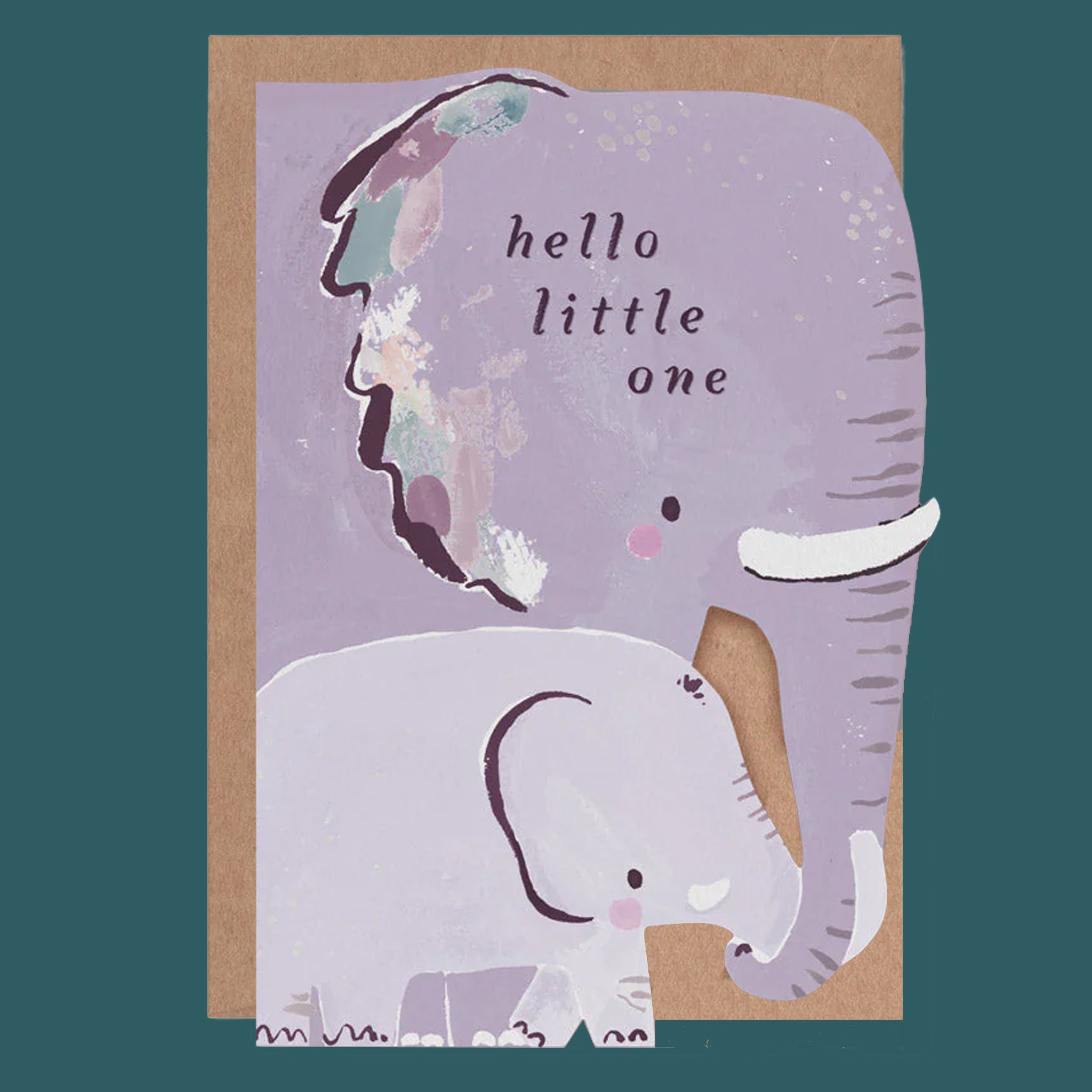 A purple elephant baby and mama greeting card that reads, &#39;hello little one&#39;. 